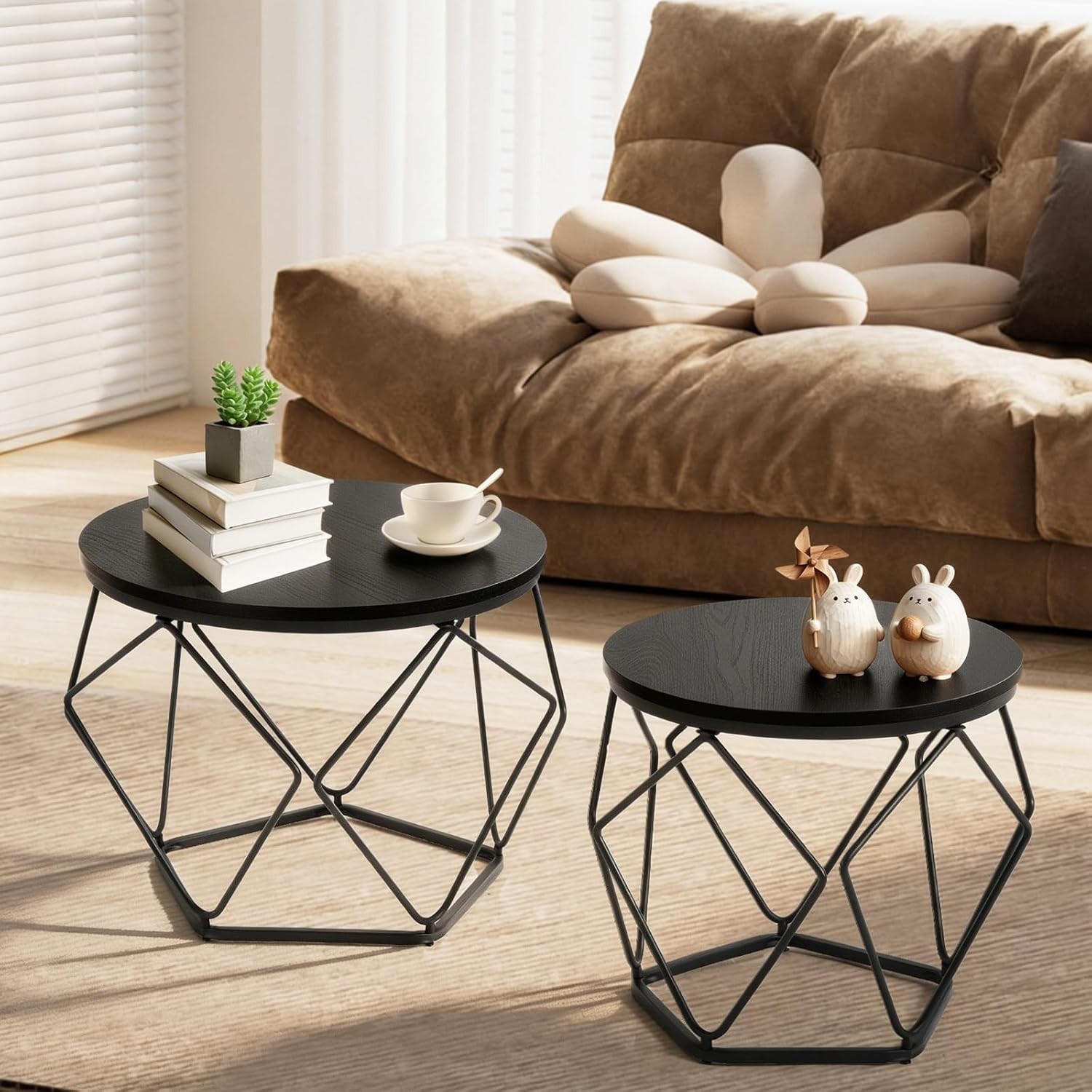 Set of 2 Modern Round Coffee Tables,Geometric Design,Cafe Livingroom End Tables