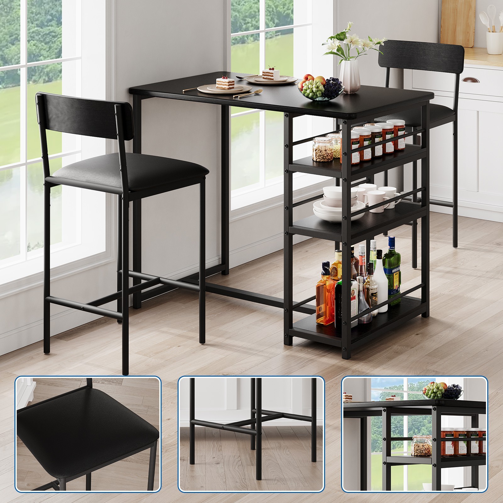 Bar Table Set with Storage Shelves,Dining Table Set ,Tall Nook,Cushion Stools