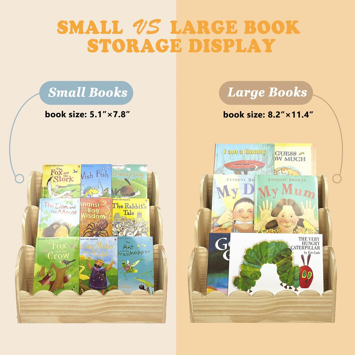 Scalloped Book Shelf for Kids, 3-Tier Wooden Bookshelf 16.5*16.5*11in Natural