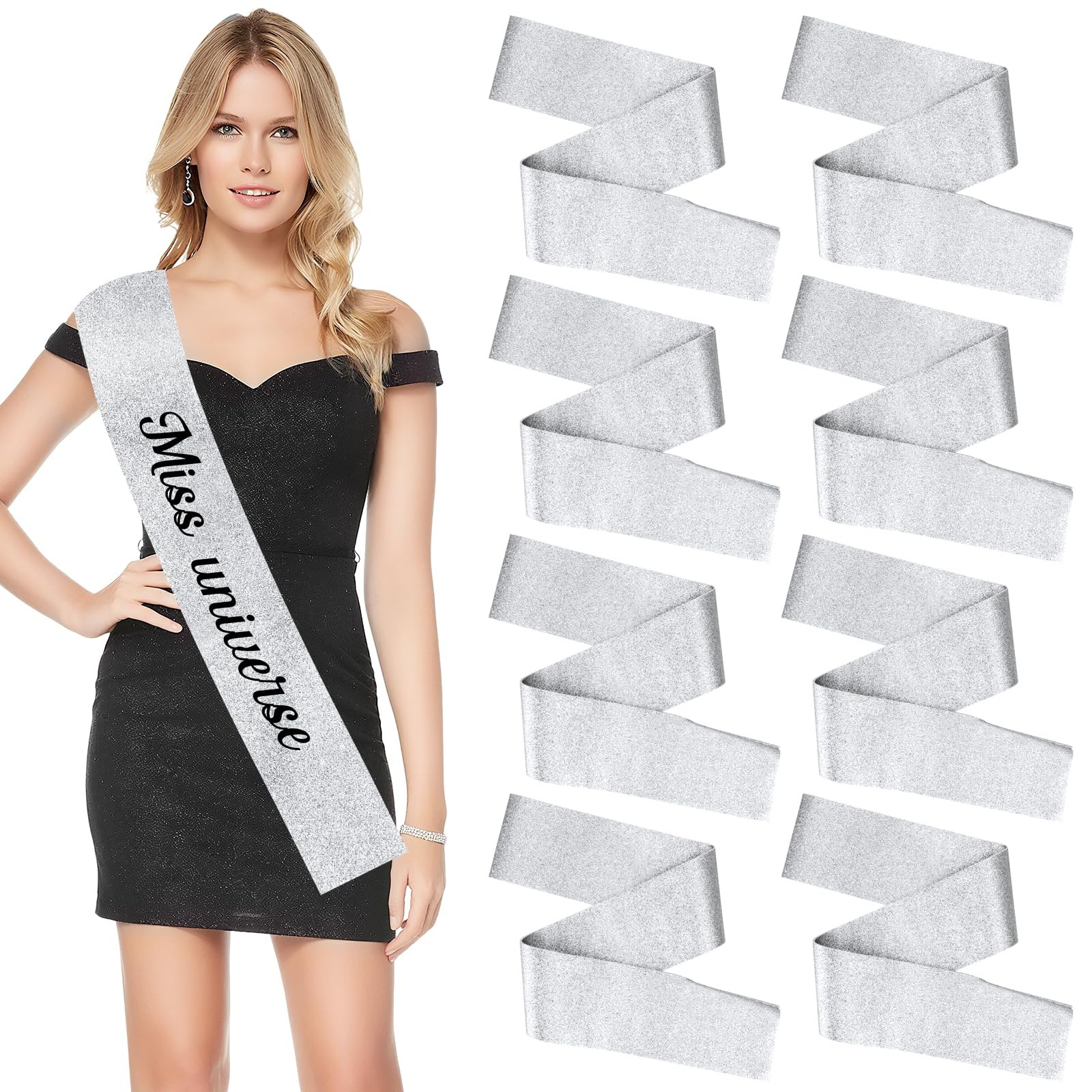 Satin Sash Glitter Silver Blank Sashes For Pageants Senior 2026 8 PCS Set