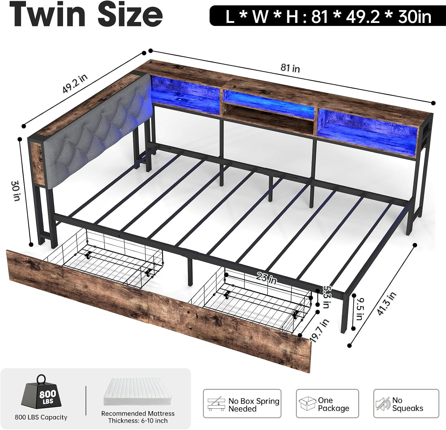 Twin Size Corner Bed Frame with Storage Bookcase and Upholstered Headboard | 2 S