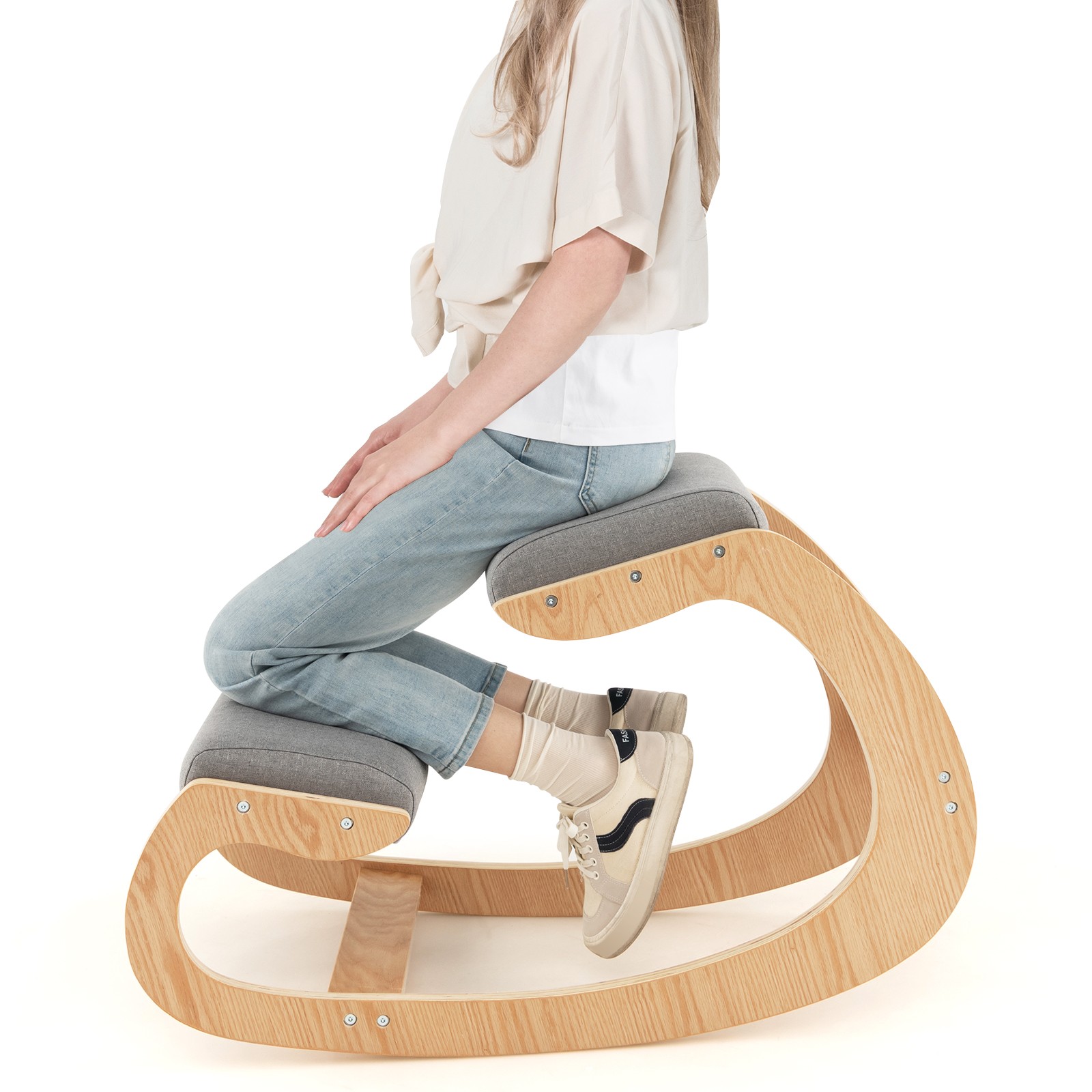 Wood Rocking Posture Stool Ergonomic Kneeling Chair w/ Cushion Back Neck Grey