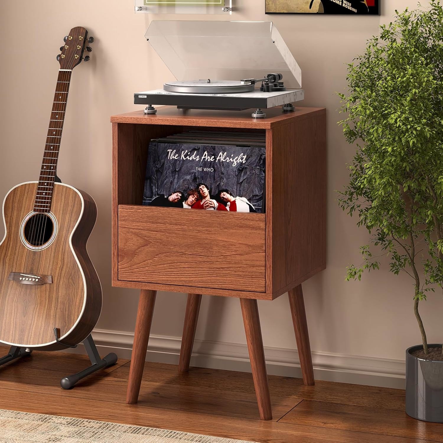 BROTTAR Mid Century Record Storage Cabinet, Vinyl Record Player Stand w/ Drawer