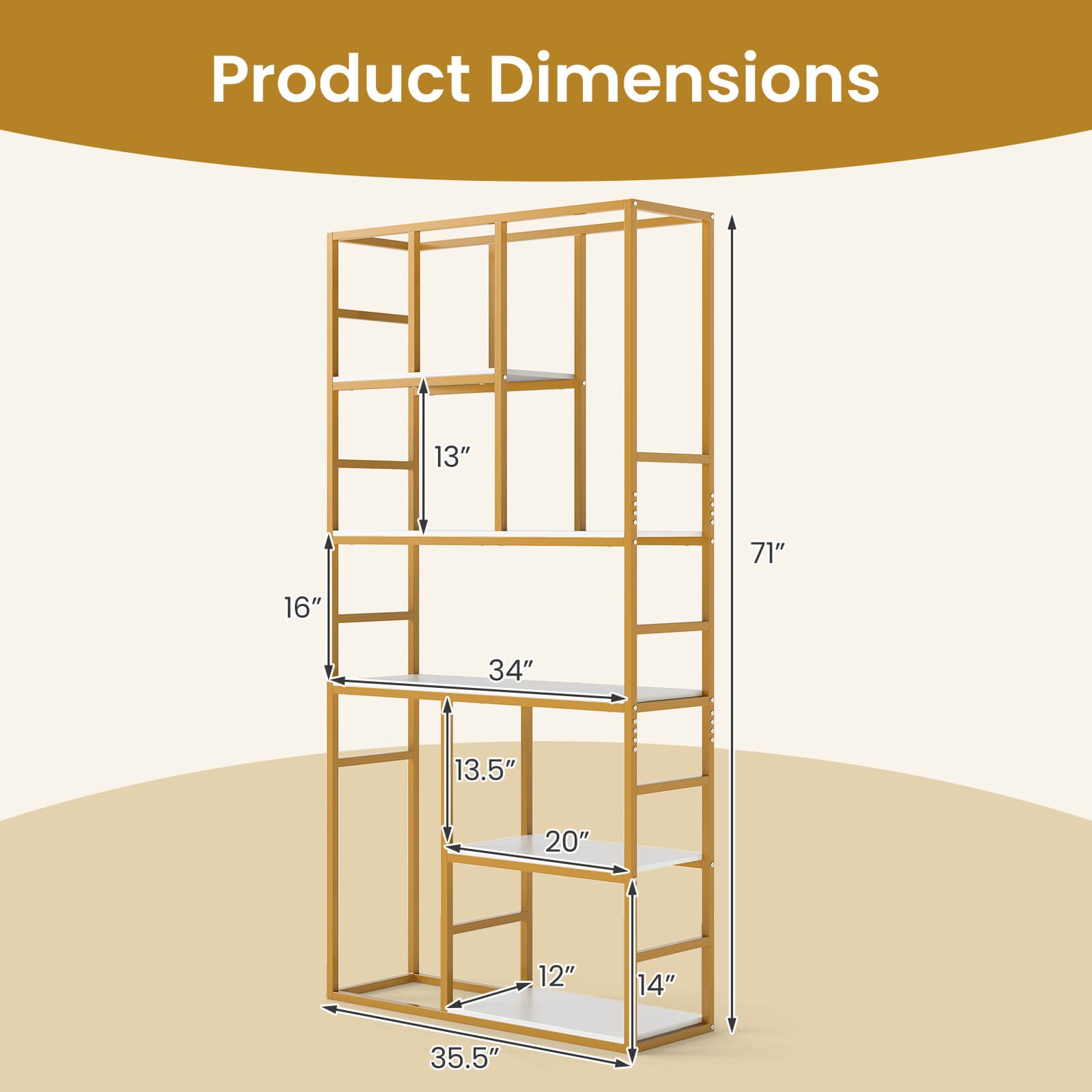 71” 5 Tier Tall Bookshelf w/Open Storage Shelves, Metal Frame for Bedroom Office