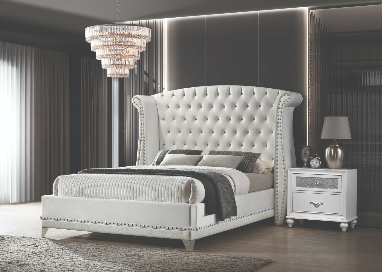 Queen Size Upholstered Bed Tufted Headboard White Velvet Coaster Barzini 300843Q