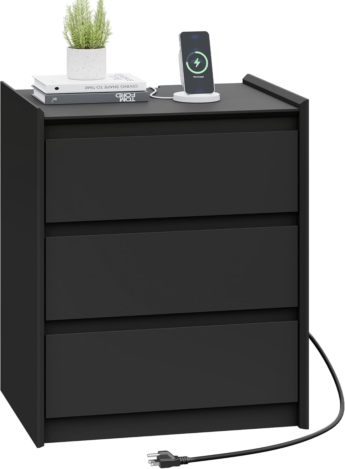 24″ Tall 3-Drawer Nightstand Black – Modern Bedside Table with Charging Station