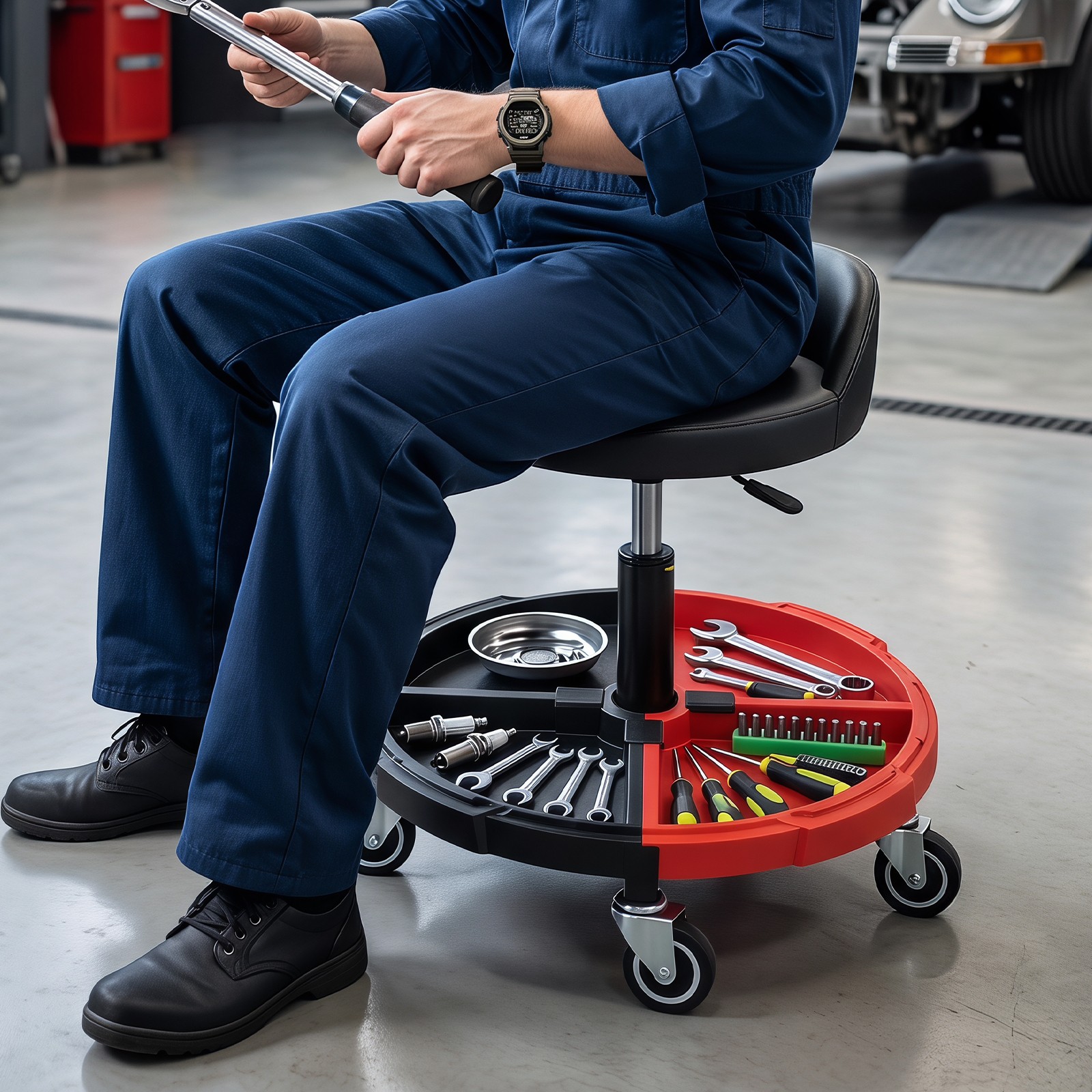 360° Rolling Mechanic Stool w/Tool Storage Tray, Backrest, Lockable Wheels