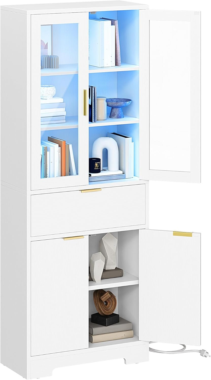 Stylish 65″ White Bookshelf with LED Lights, Doors & Drawers for Home Decor