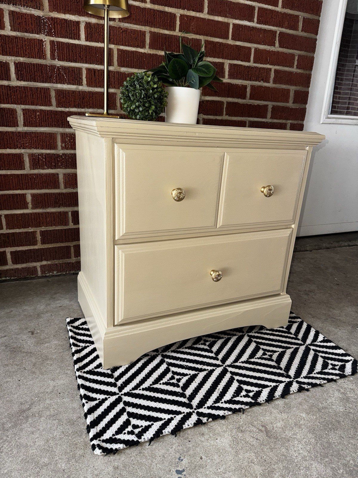 Tan Painted Wood Nightstand w/ Storage, 3 Drawers, Metal Knob Handles