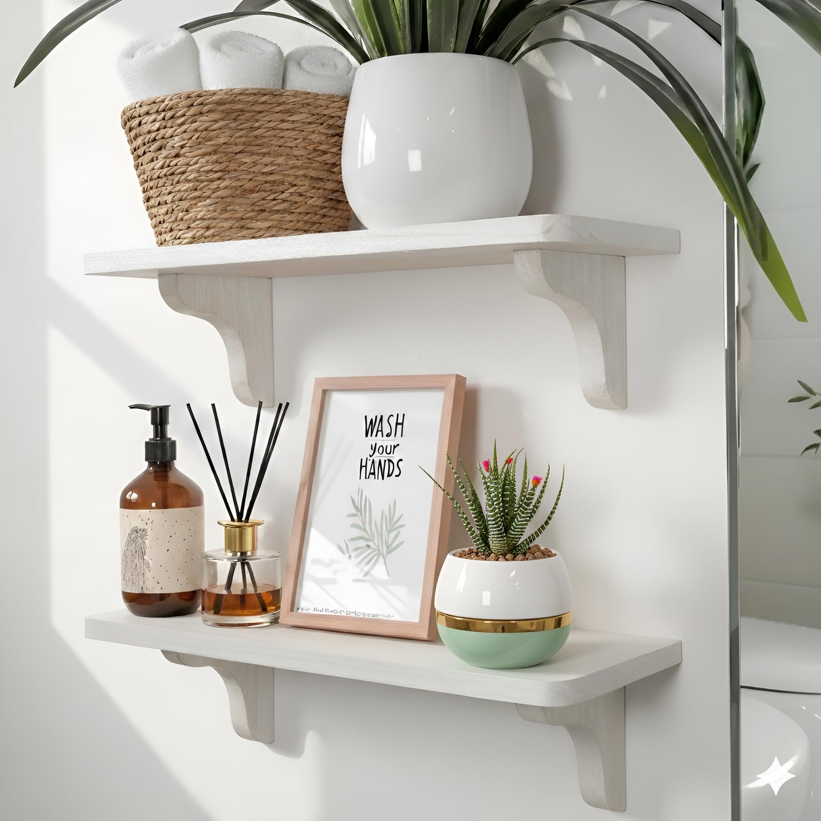 Real Wood White Wall Shelves for Bathroom – 17 inch 2 Pack – Easy to Install,…