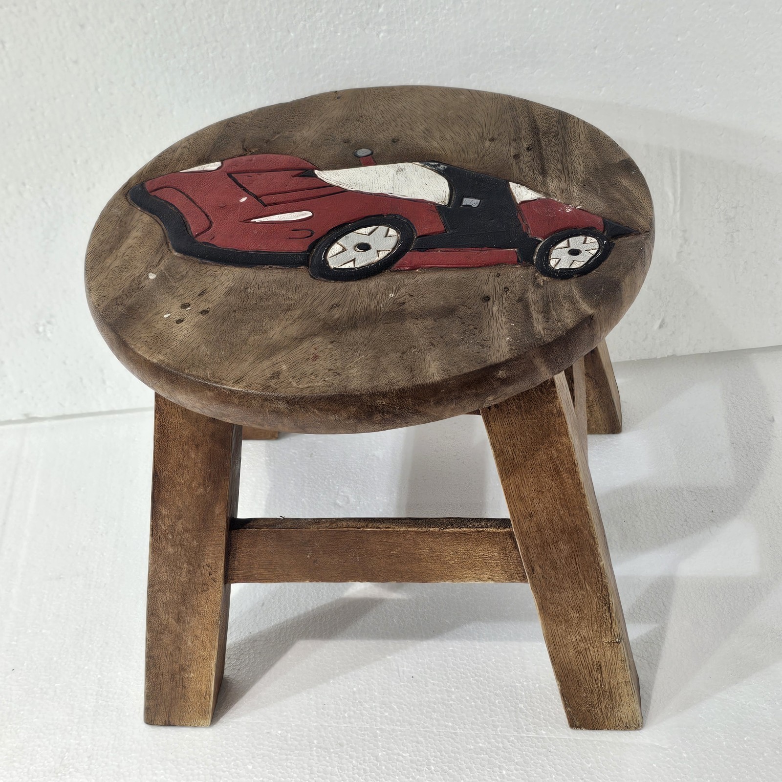Hand Carved Painted Wood Kids Step Stool Red Race Car Thailand Boys Wooden
