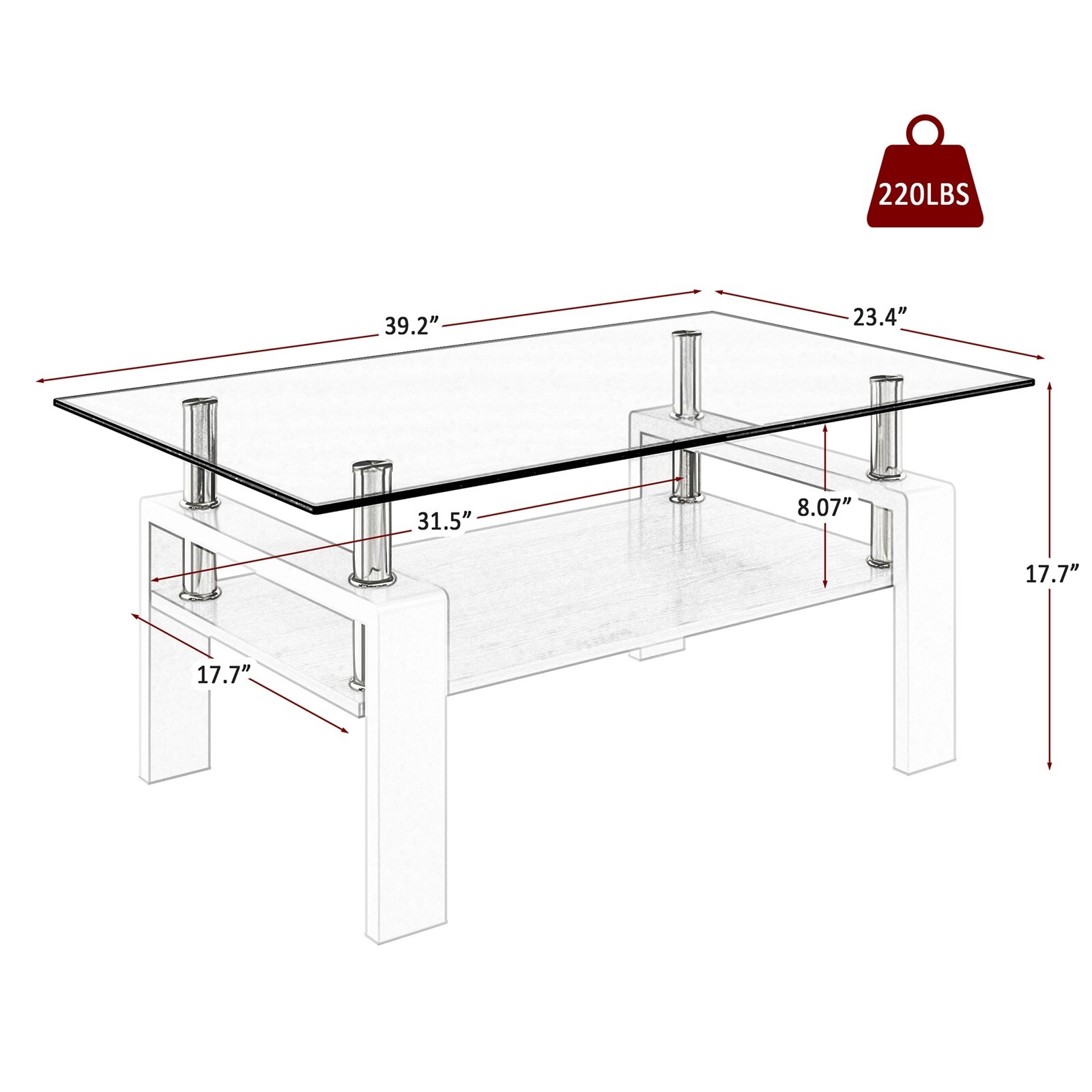 Rectangle Coffee Table Tempered Glass Tabletop with MDF Layer for Living Room
