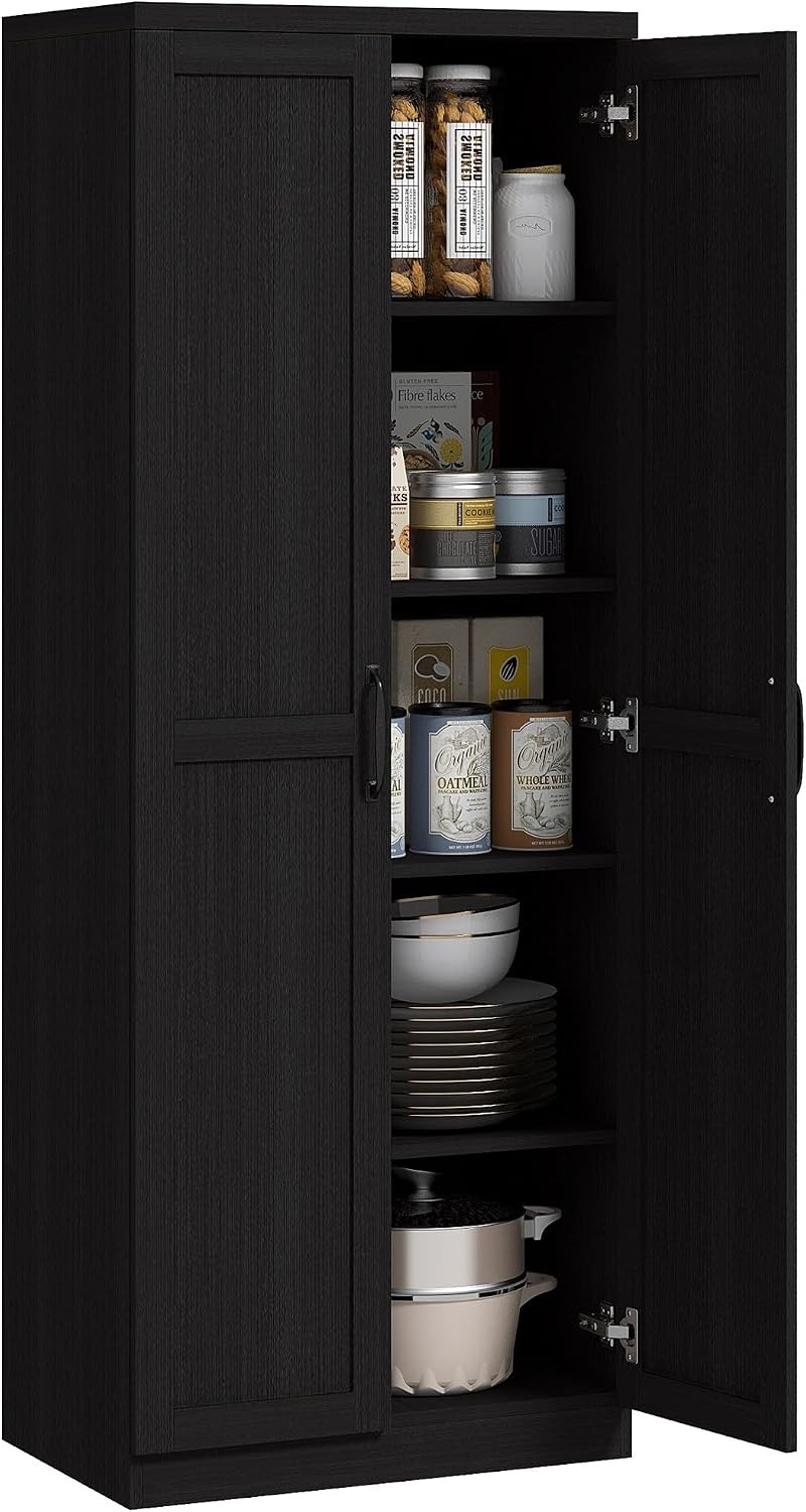 63″ 2-Door Kitchen Pantry 5-Tier Black Wood Grain Freestanding Storage Cabinet