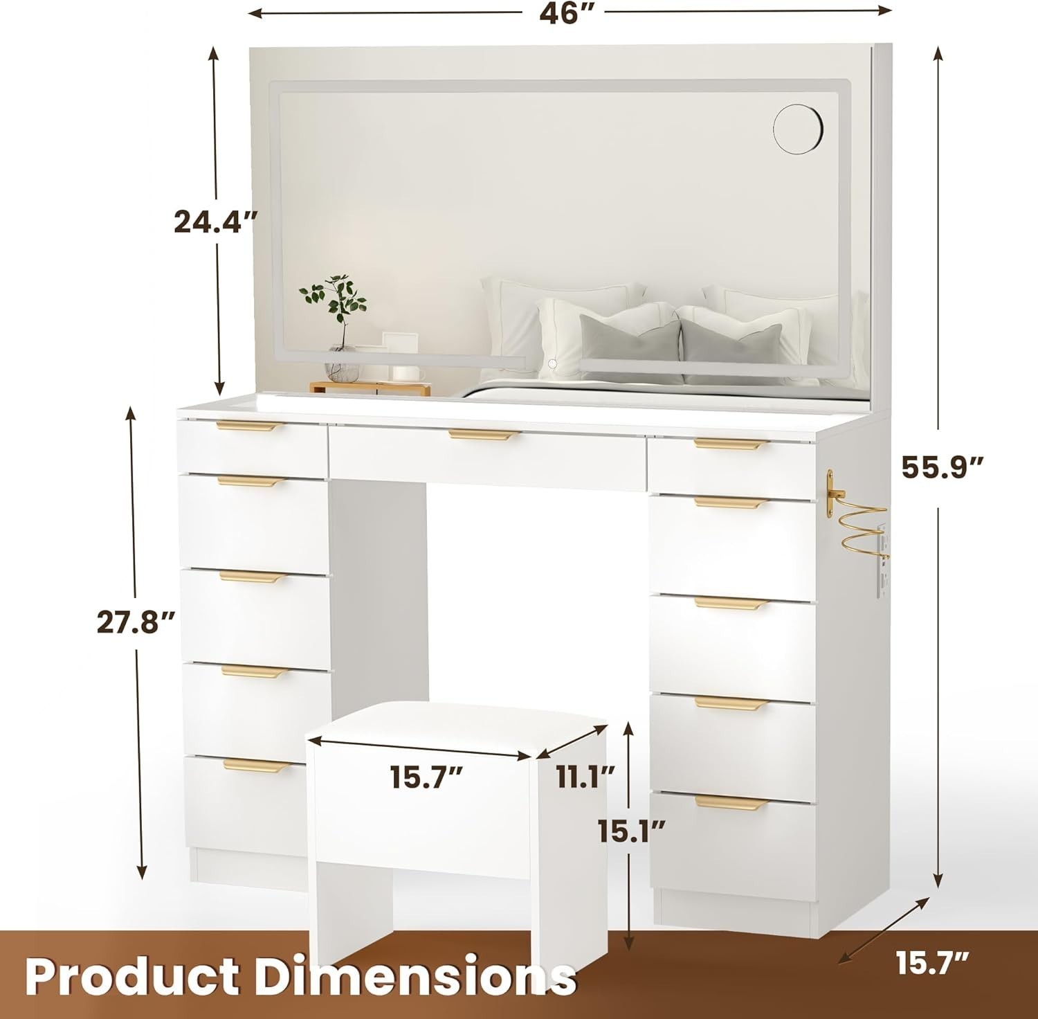 Glass Top Makeup Vanity With LED Lighted Mirror 11 Drawers Vanity Desk Stool
