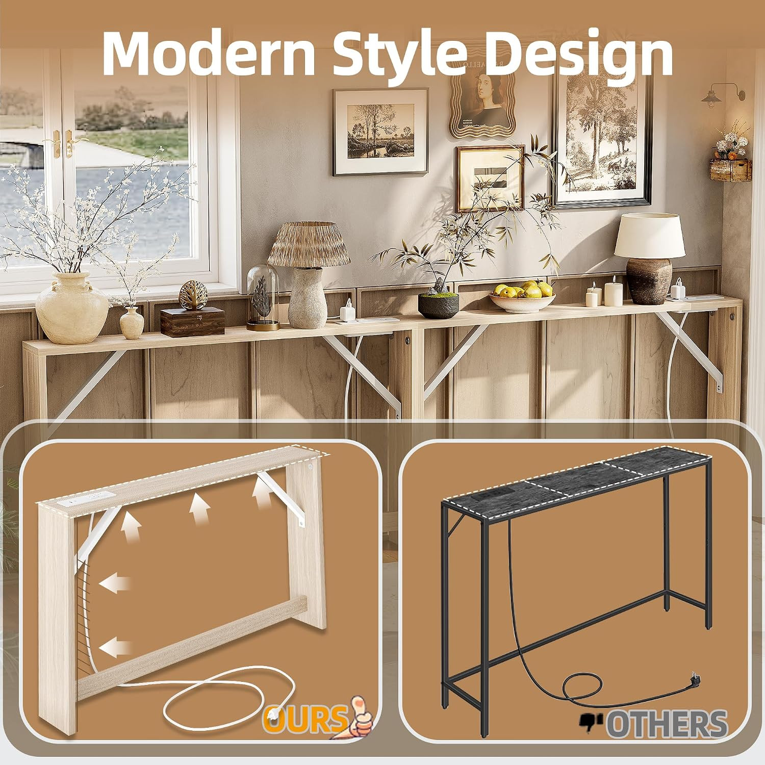 Light Walnut Narrow Console Table Set with Power Outlet, 94” for Living Room