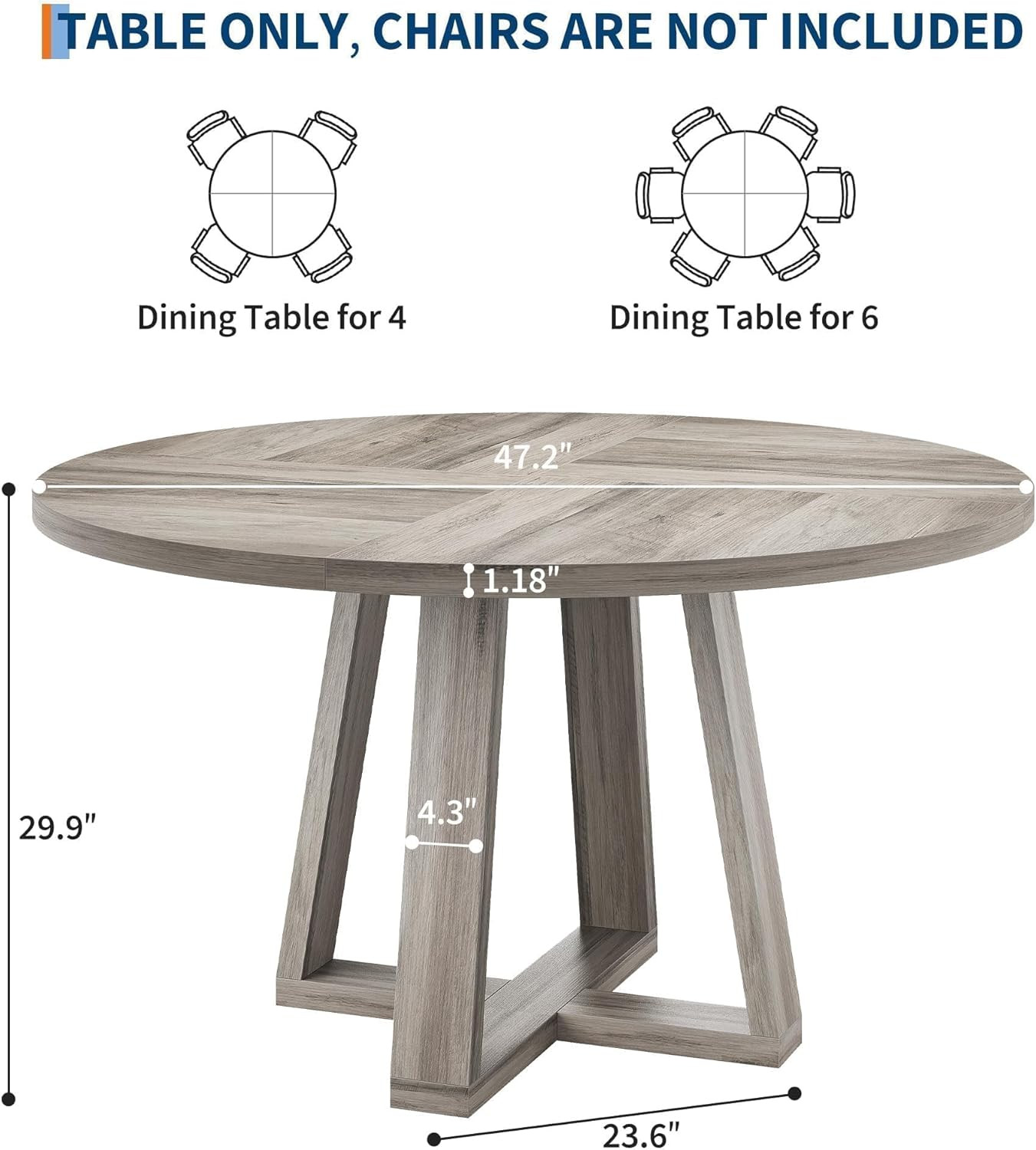 47″ Round Grey Dining Table for Kitchen & Dining Room – Table Only