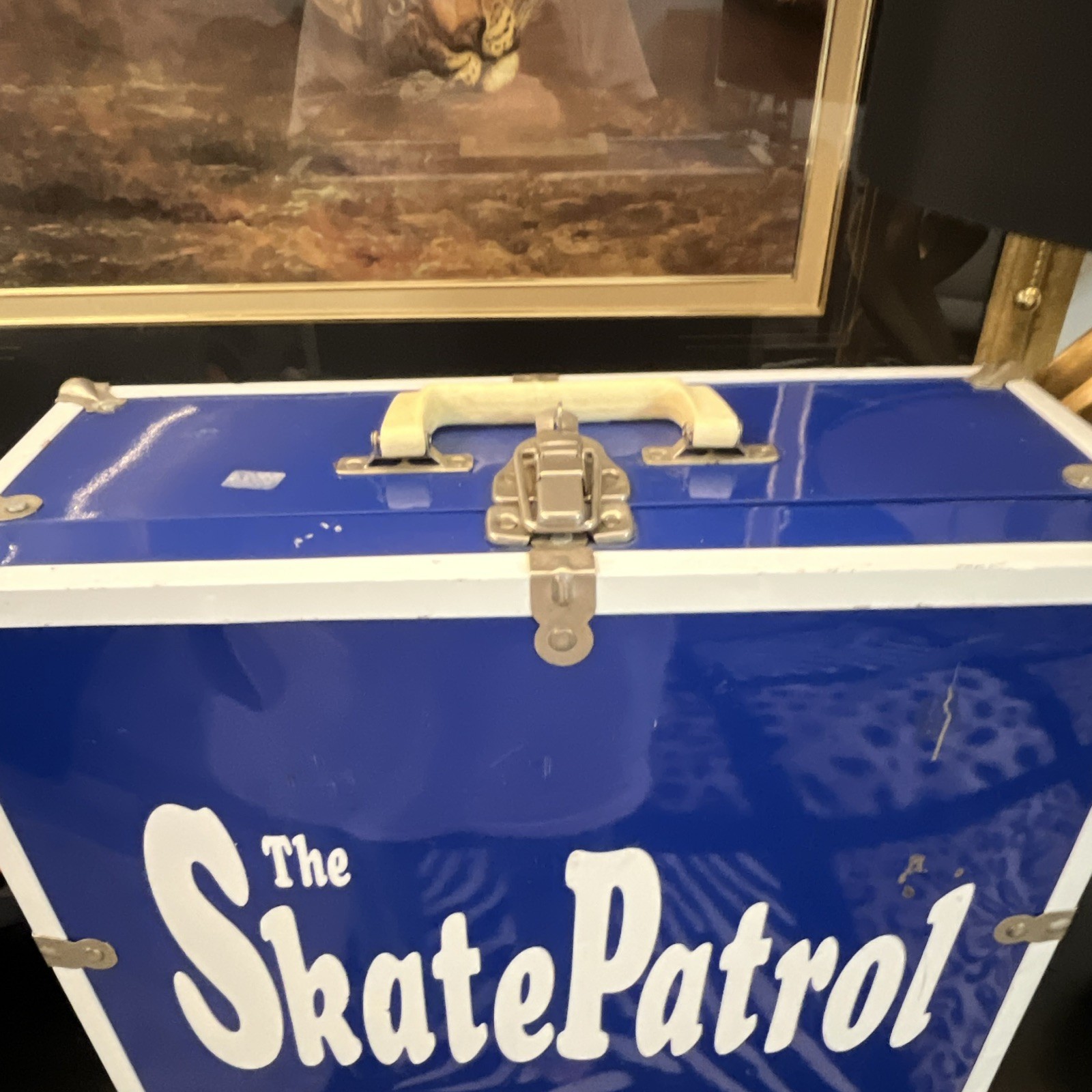 The Skate Patrol Blue/White Metal Storage Chest Trunk w/ Handle, 15.5x7x13