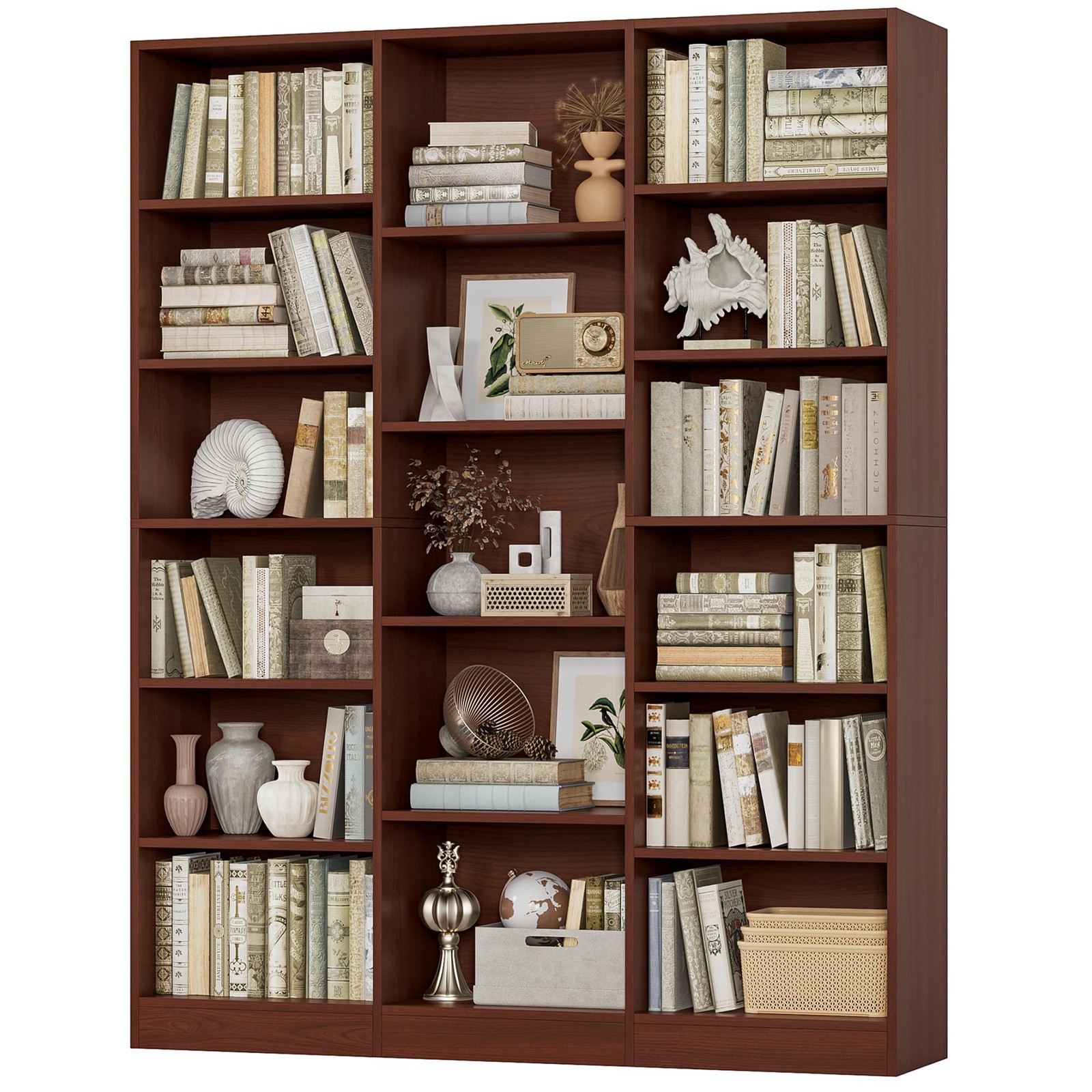 Triple Wide 6 Tier Large Bookshelf 17 Open Shelves 74 Inch Tall Cherry