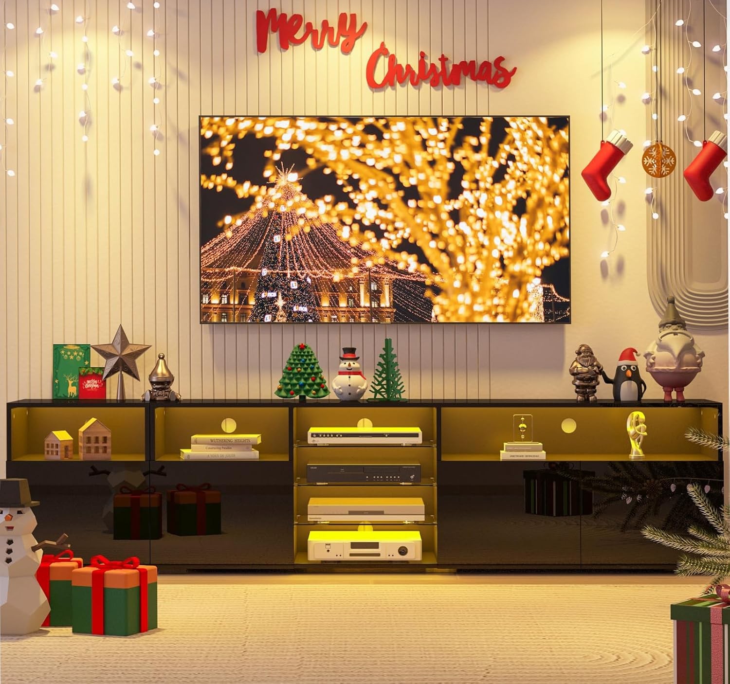 79IN LED TV Stand for 75/80/85inch TV,High Glossy Modern TV Stand for Living