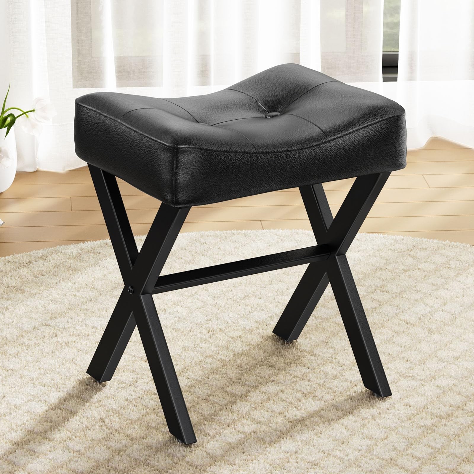 18-Inch Leather Vanity Stool Chair, Vanity Bench with Metal X-Leg, Ottoman Ac…