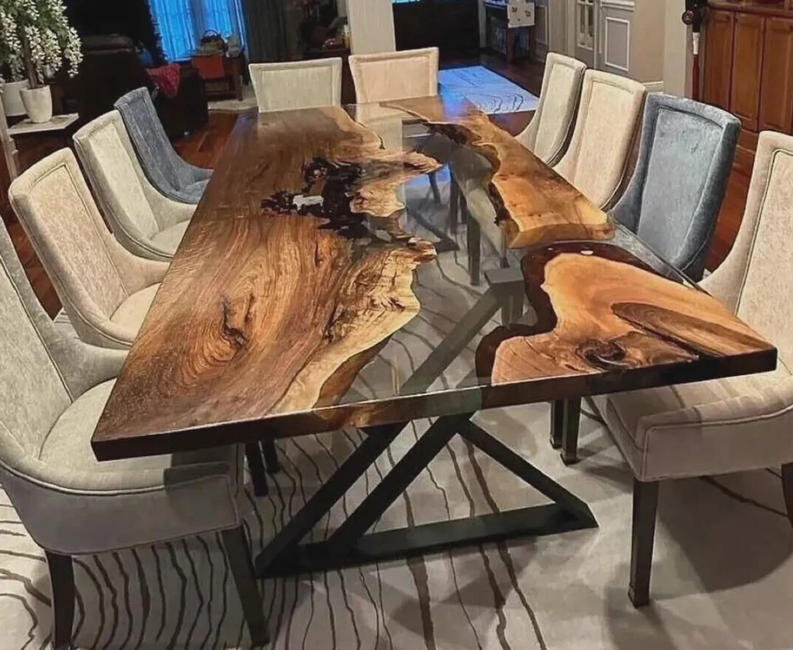 Clear Epoxy Live Edge Walnut Dining Table Custom Solid Wood Furniture