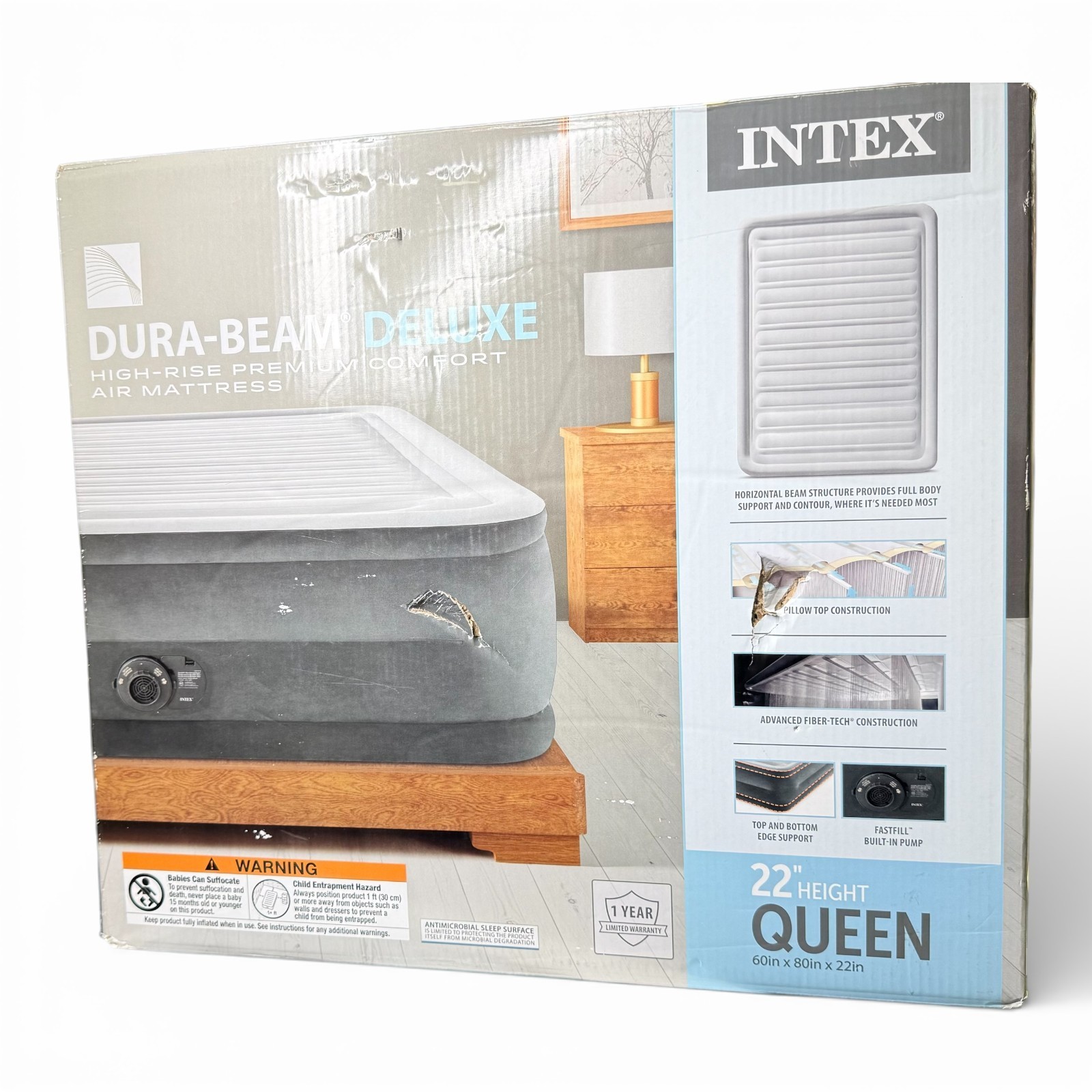 Intex Dura-Beam Deluxe Queen 22in Air Mattress Built-In Pump New