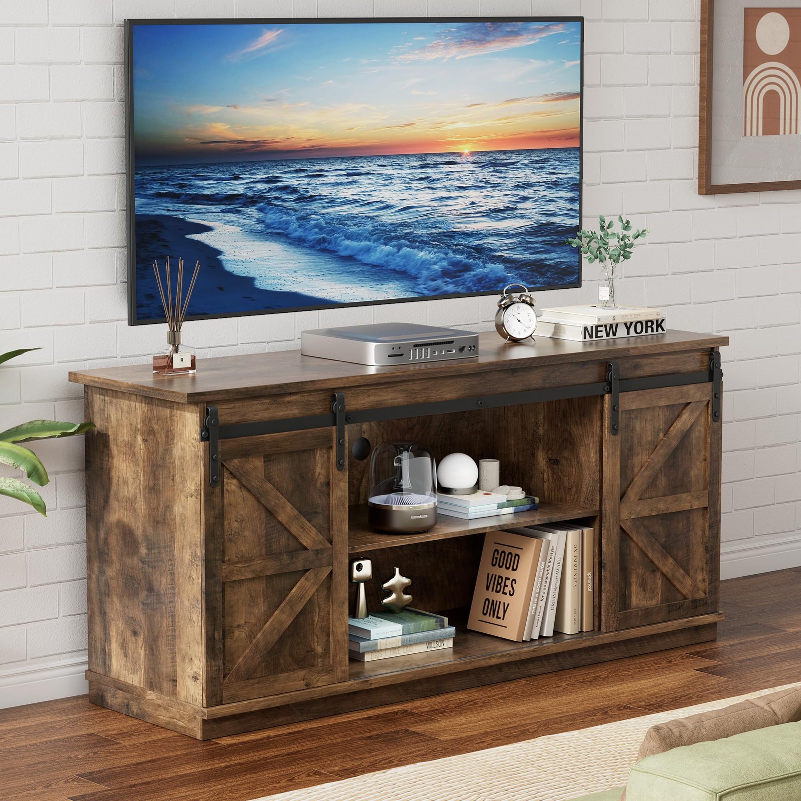 58″ TV Stand for TVs up to 65″, Sliding Barn Doors, Barnwood