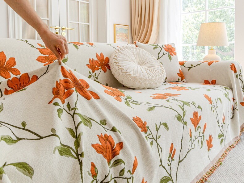 Magnolia Floral Sofa Cover Full Wrap Cotton Couch Protector Throw