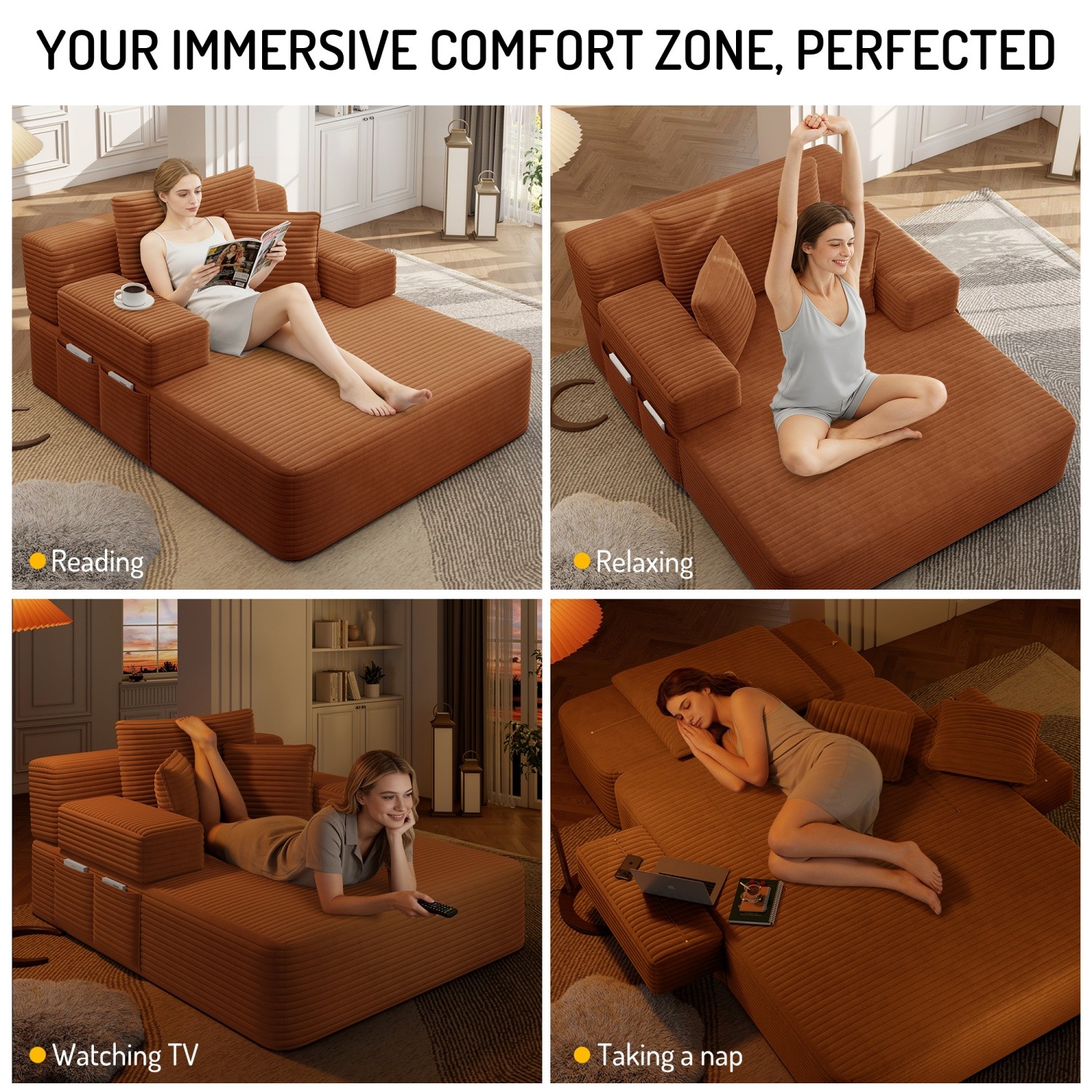 Modern Plush Corduroy Sofa Bed Chaise Lounge No Assembly Required with 3 Pillows