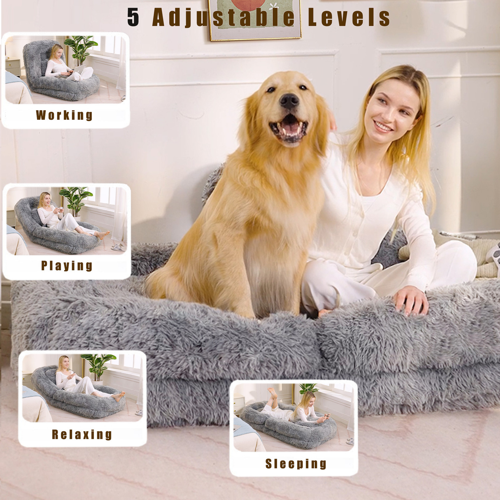Adjustable Floor Sofa Bed, 5-Position Backrest, Light Gray, 69″ L x 35″ W