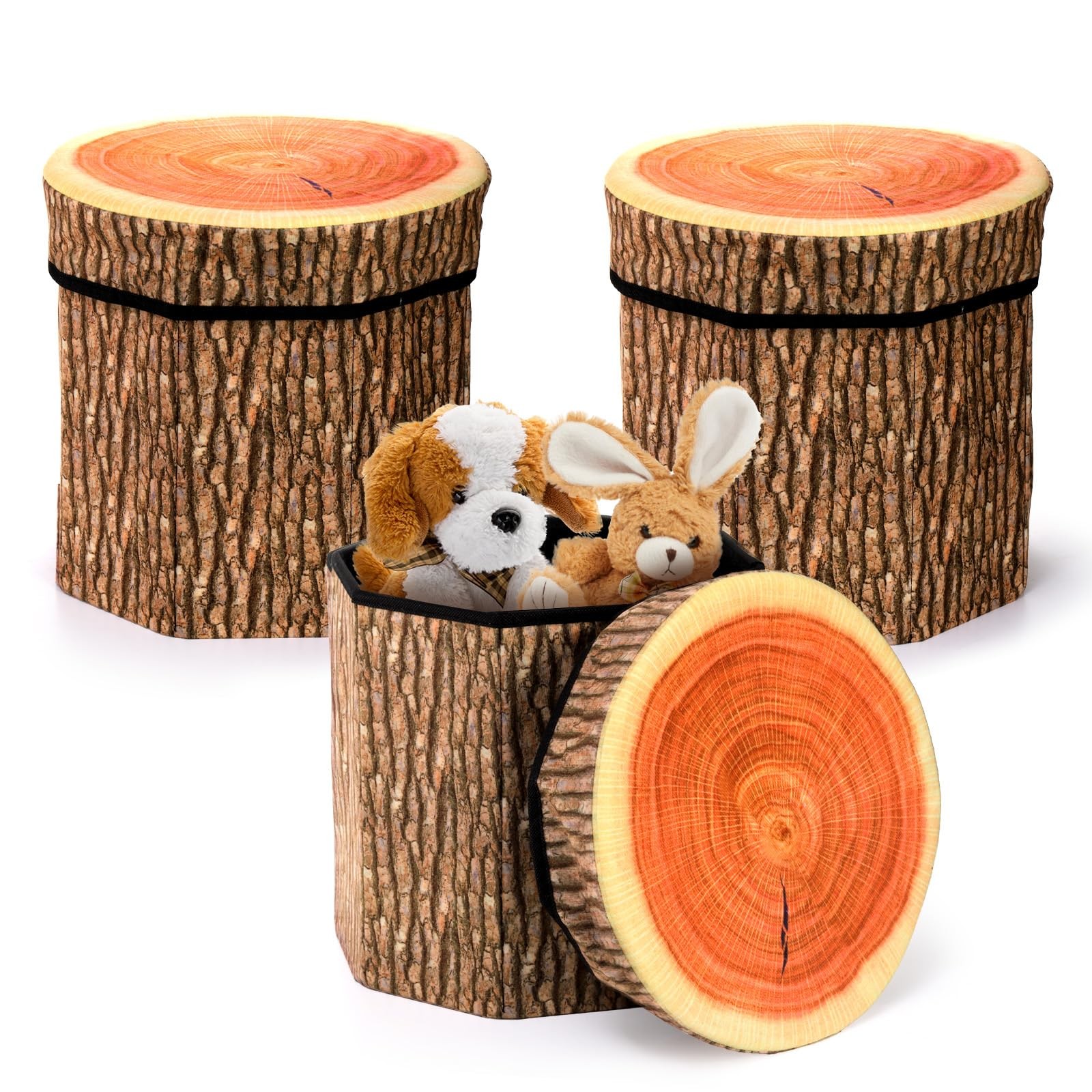 3 Pack Tree Stump Storage Stools, 12 x 12 Inches Folding Stool Ottoman with F…