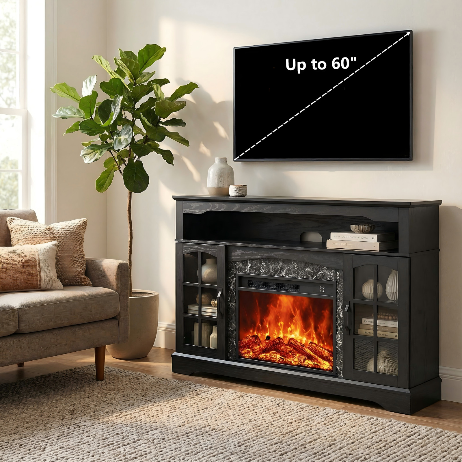 53 Inch Electric Fireplace TV Stand Black Glass Door Cabinet Fits 60″- 65” TV