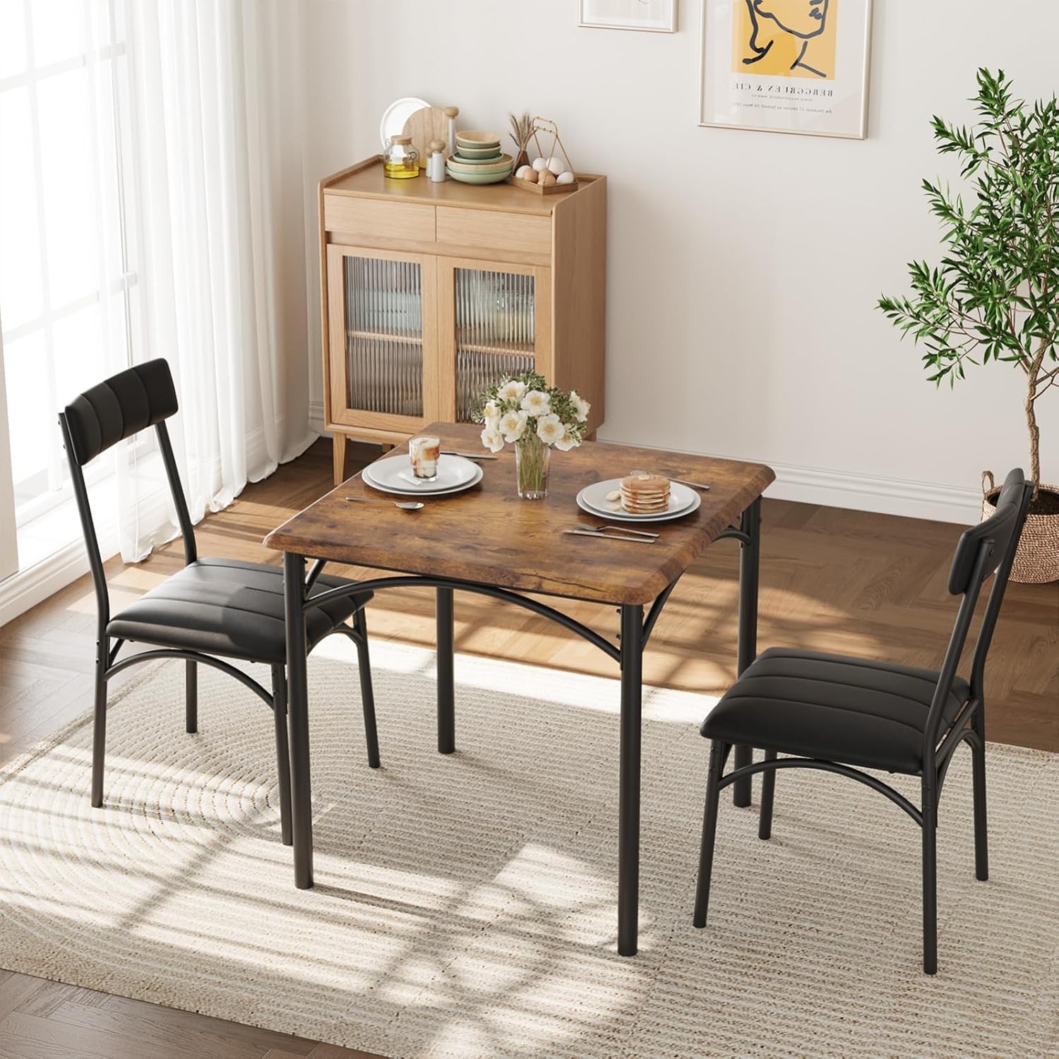 Dining Table Set for 2, Retro Brown Kitchen Table with 2 Upholstered Chairs
