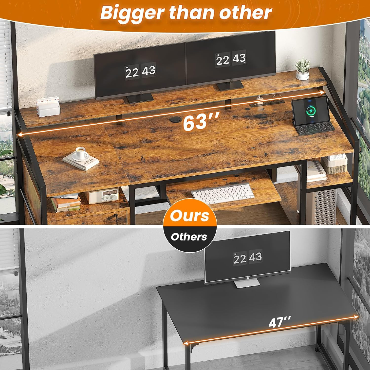 SEDETA 63″ Computer Desk, Office Desk with Lock Drawers for Legal/Letter File, G