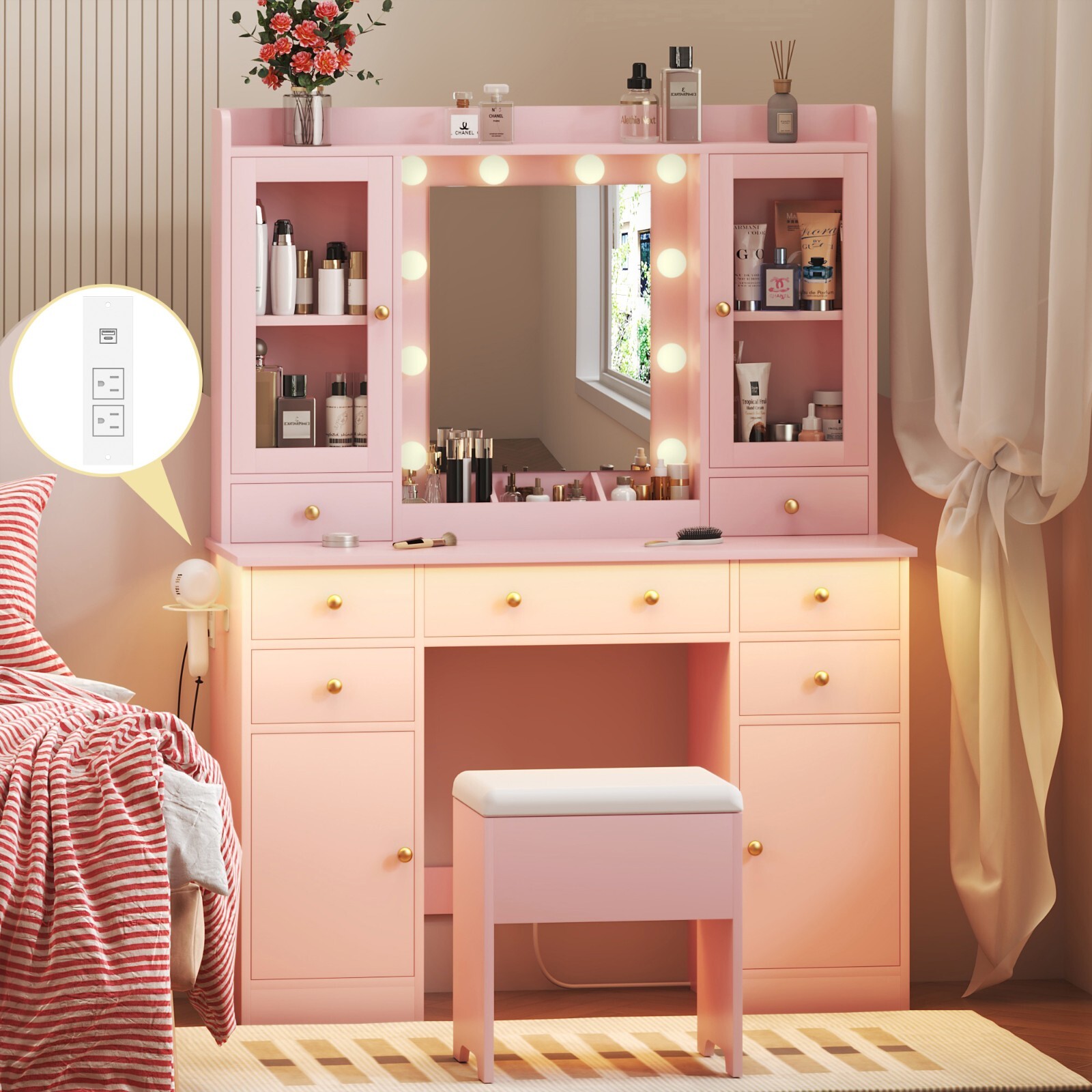 Vanity Desk with Lighted Mirror & Power Outlet, Dressing Table Makeup Bedroom