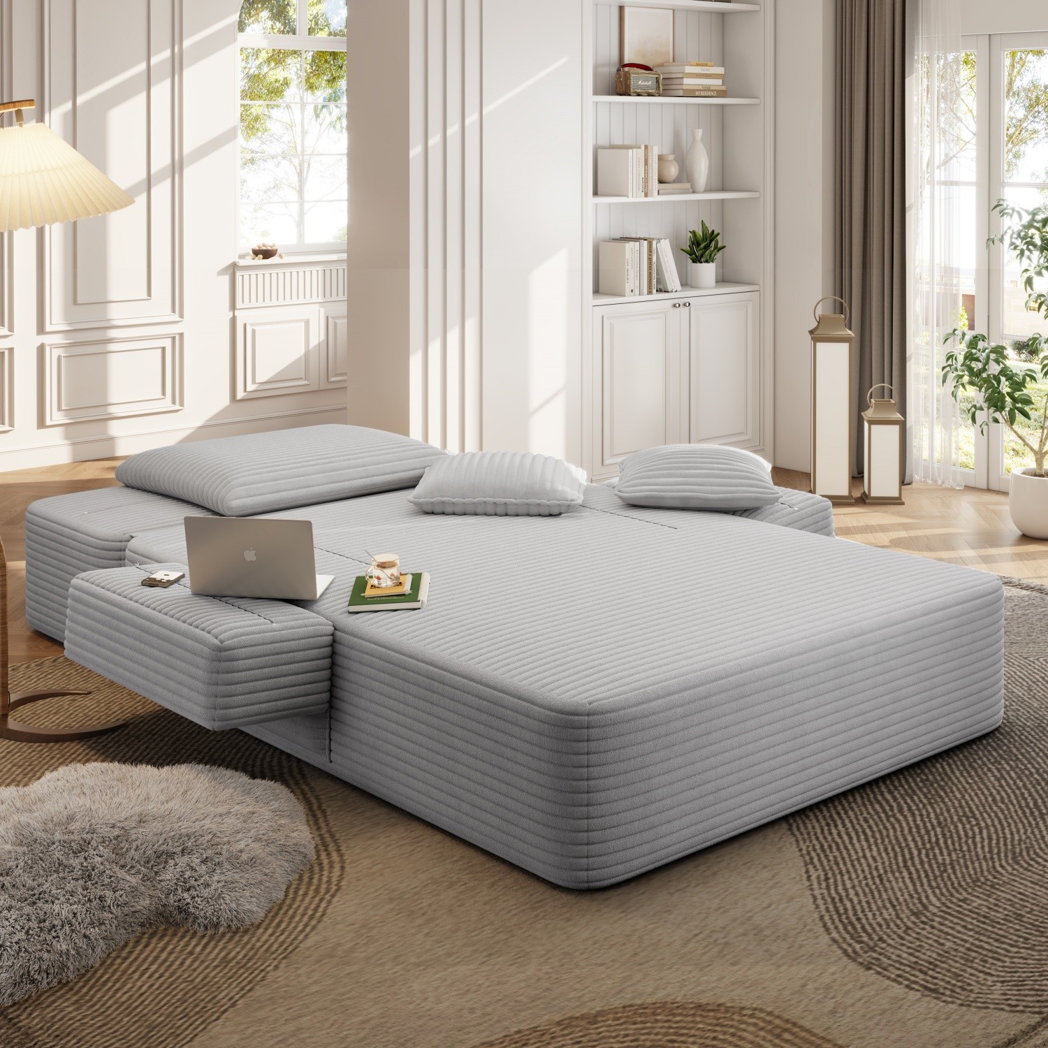 Modern Plush Corduroy Sofa Bed Chaise Lounge No Assembly Required for Apartment