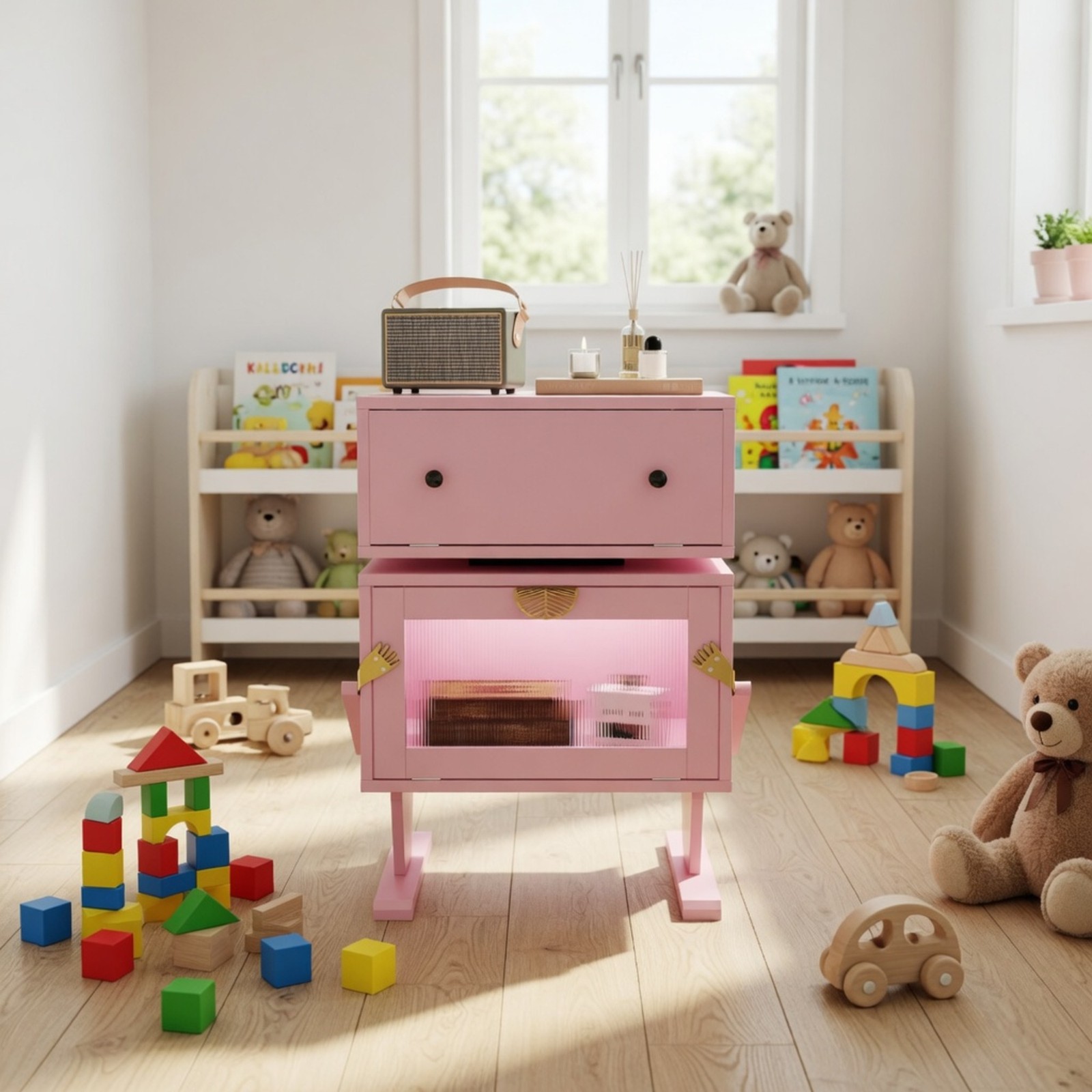 Pink Robot LED Nightstand with Rotating Drawer, 20.7″ Wide Modern End Table