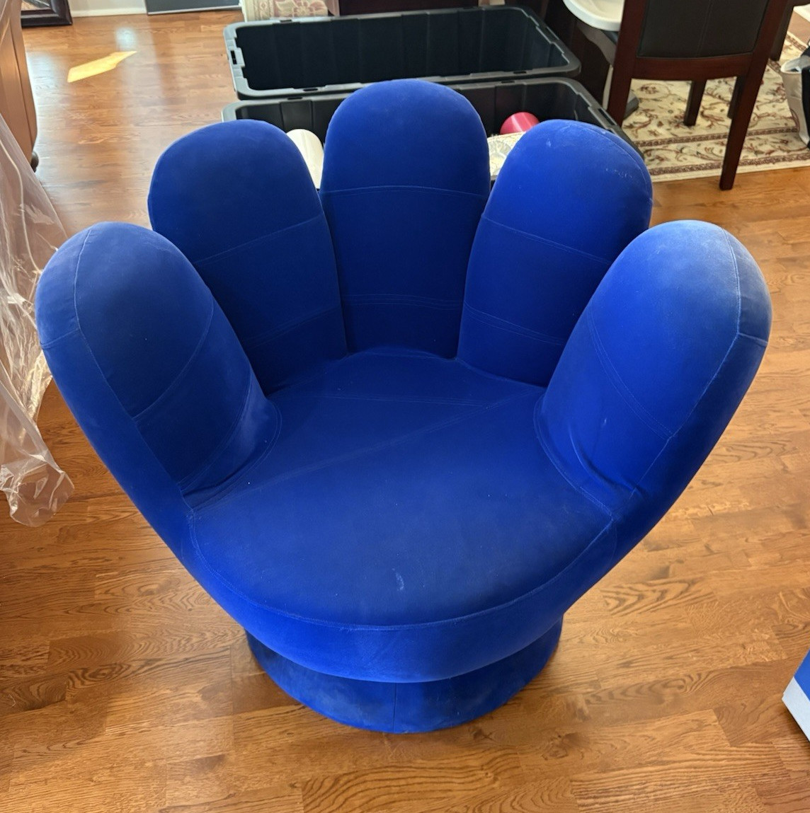 Vintage Mid Century Pop Art 80’s Style Blue Velour Upholstered Hand Glove Chair