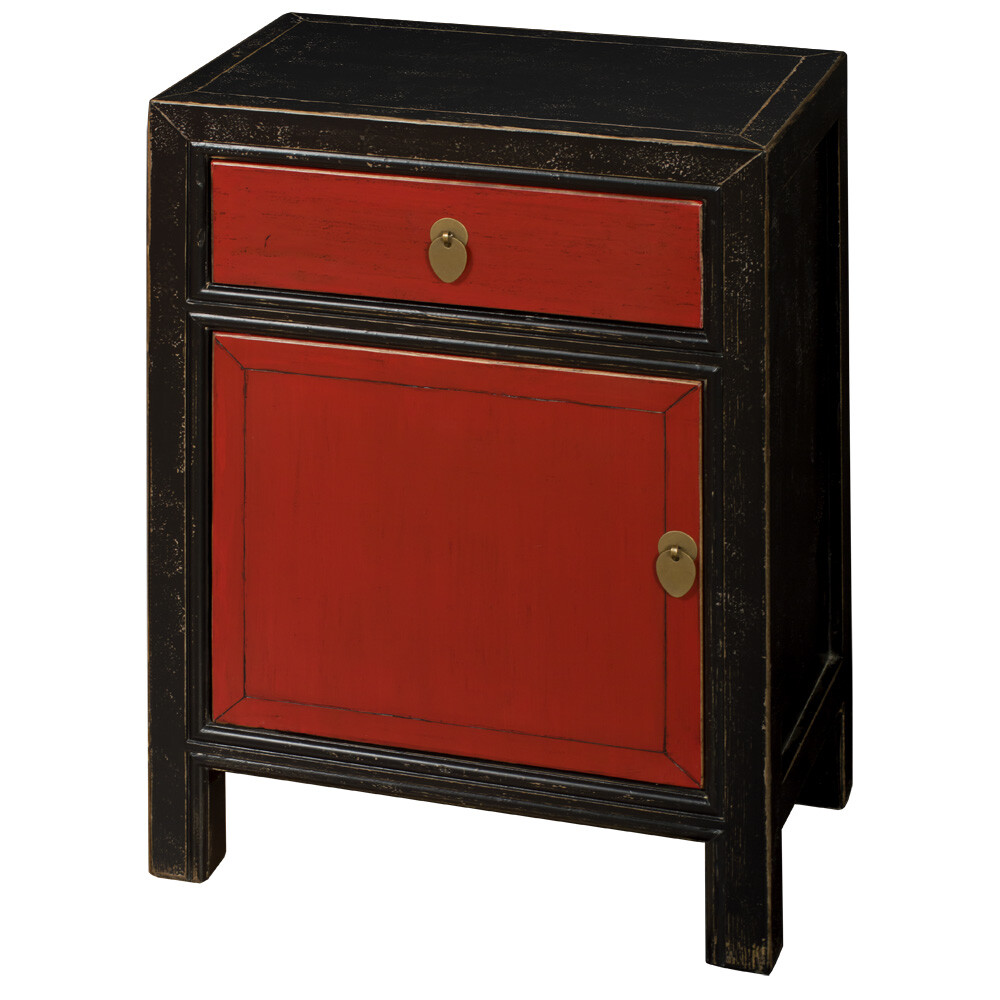 US SELLER – Distressed Black and Red Elmwood Petite Peking Asian Cabinet