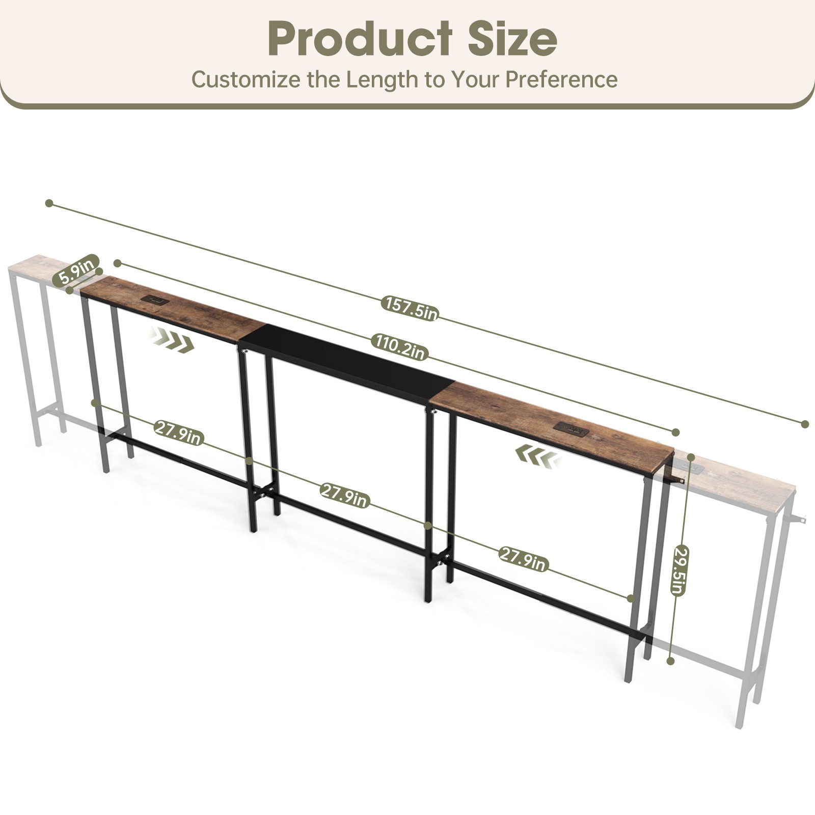 Huuger Narrow Sofa Table Behind Couch Table 157.5 Inch Adjustable with Charging