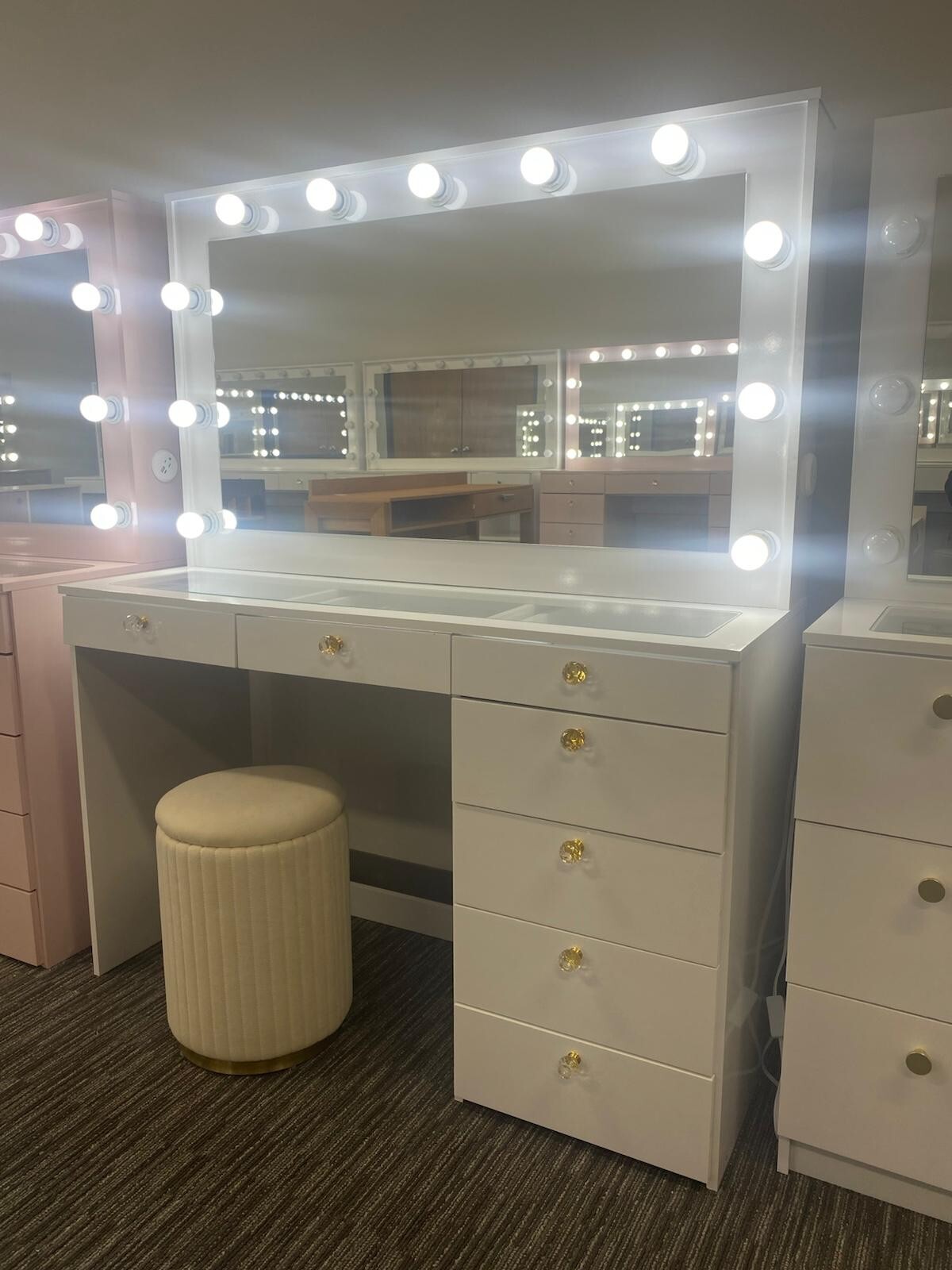 Lighted Vanity Table with Glass Top | White Elegance & 7 Drawers