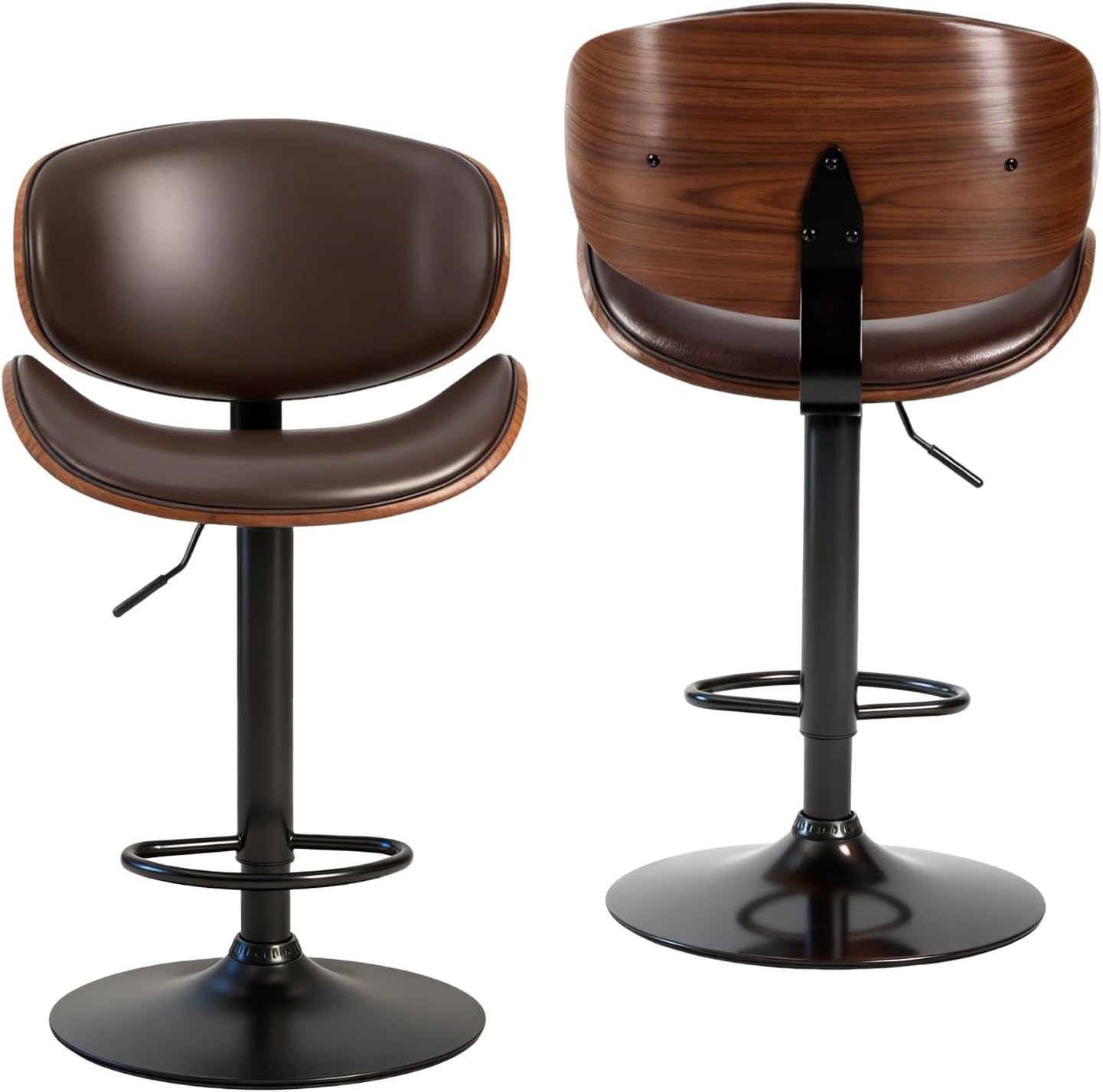 Brown Adjustable Bar Stools Set of 2, 360° Swivel with Backrest & Footrest