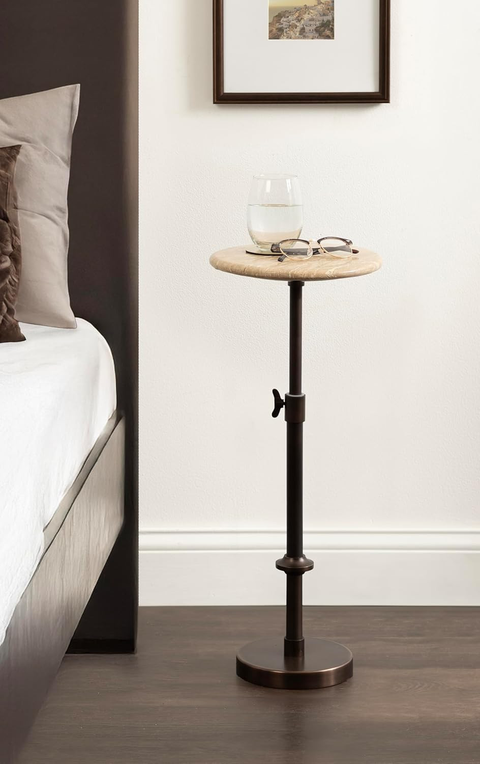 Adjustable-Height Round Drink Table with Natural Travertine Top and Bronze Base