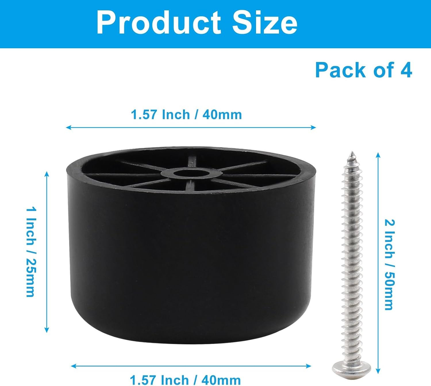 4Pcs 1″ Plastic Furniture Legs Black Round Tapered Sofa Couch Feet Replacement