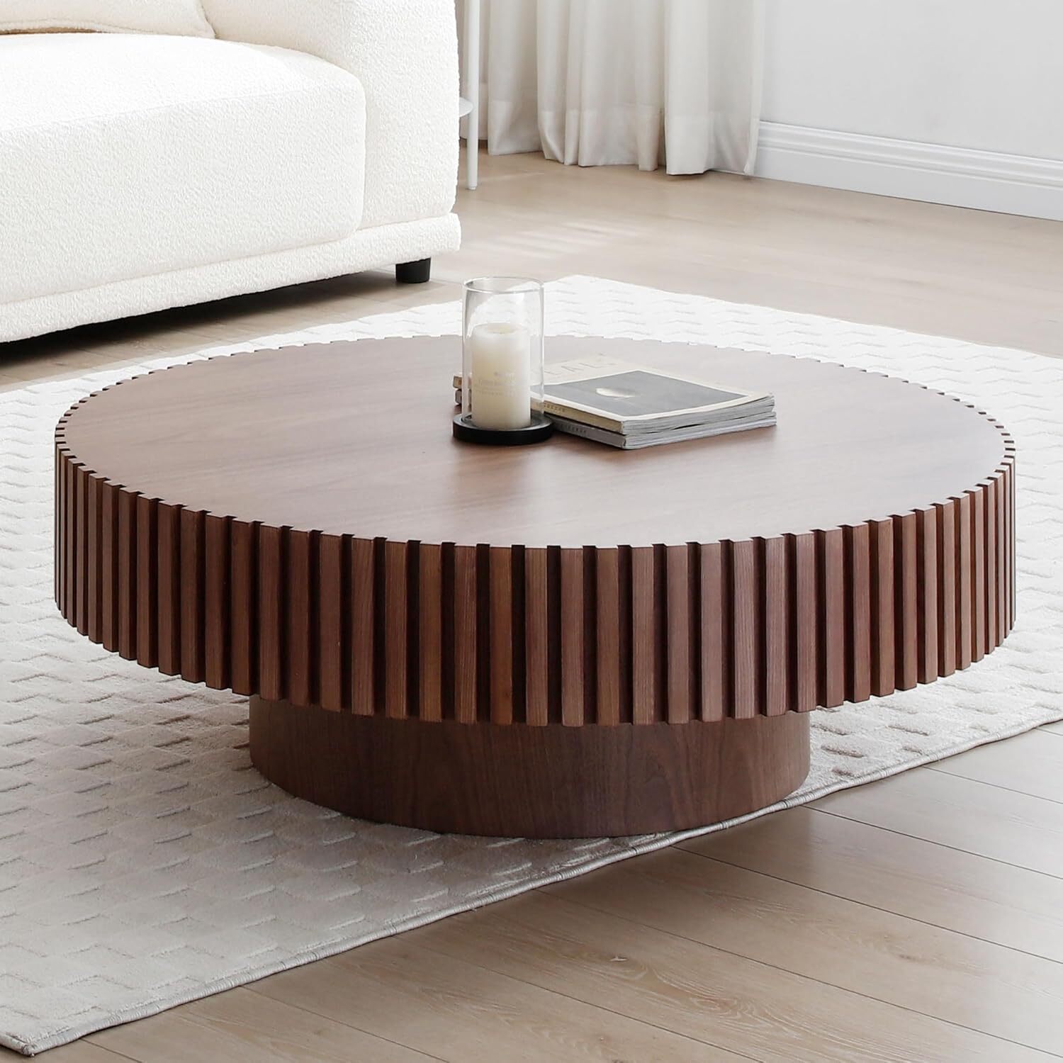 39.37″ Round Coffee Table Handcrafted Relief Sturdy Pedestal Wooden Round Shaped