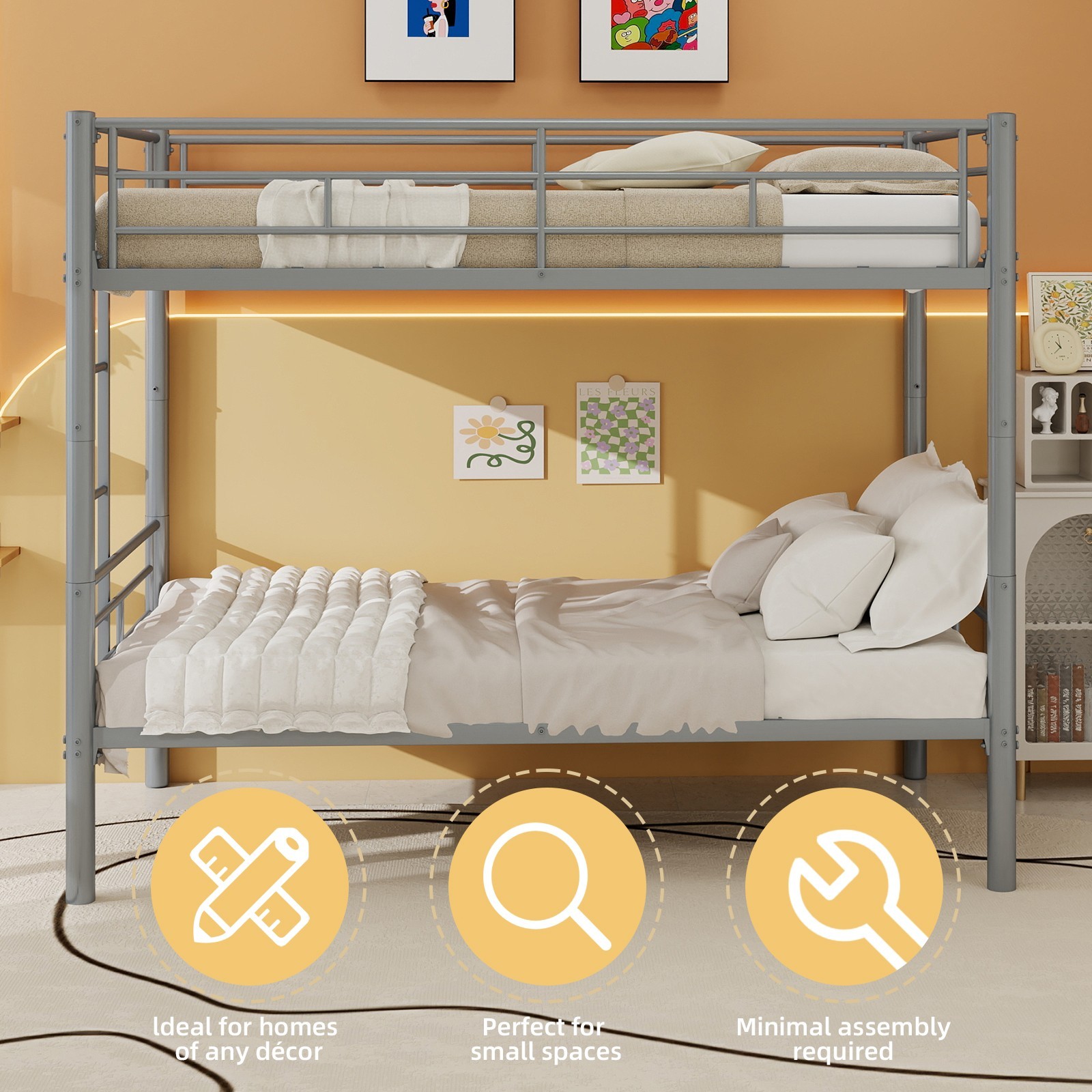 Twin Over Twin Metal Bunk Bed with Metal Structure Bedframe & Ladders for Kids