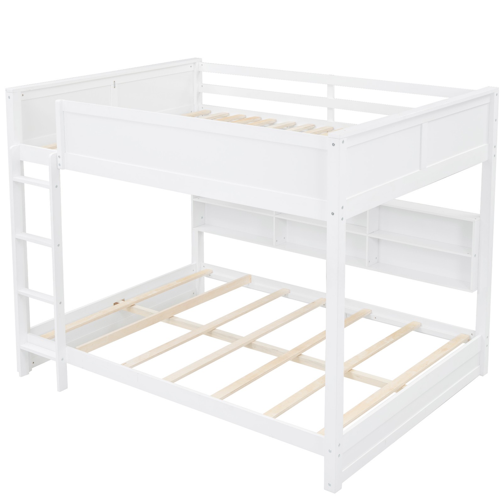 Queen over Queen Bunk Bed with Storage Cabinets and USB Ports, White