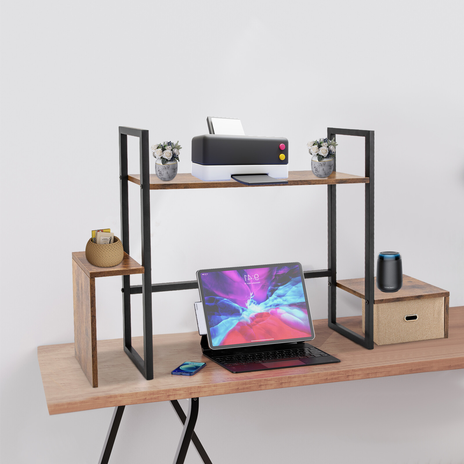 48.8in MDF Board& Carbon Steel Black& Brown Computer Desktop Display Bookshelf