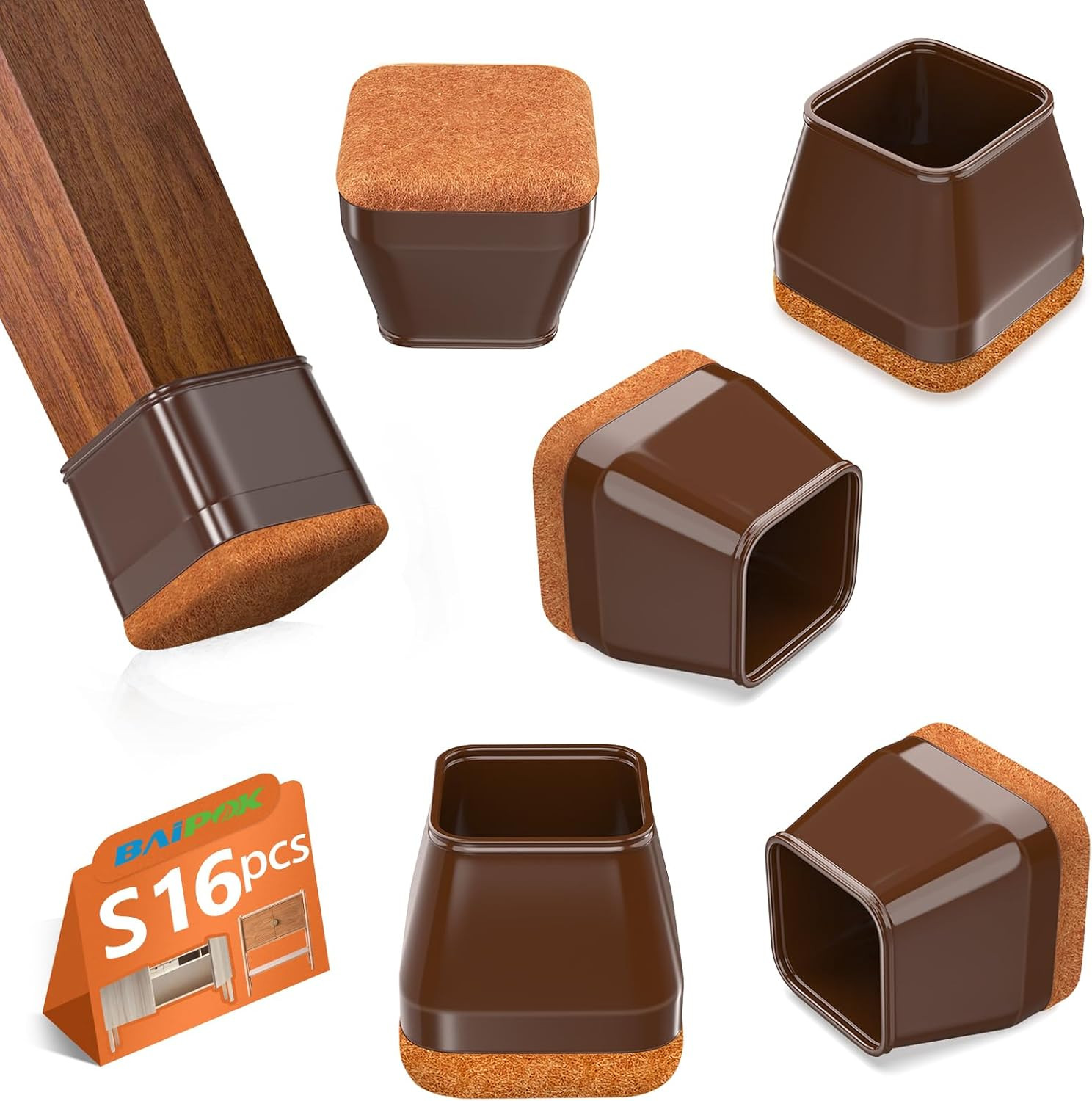 16Pcs Square Chair Leg Floor Protectors with Thickened Felt Pads Silicone