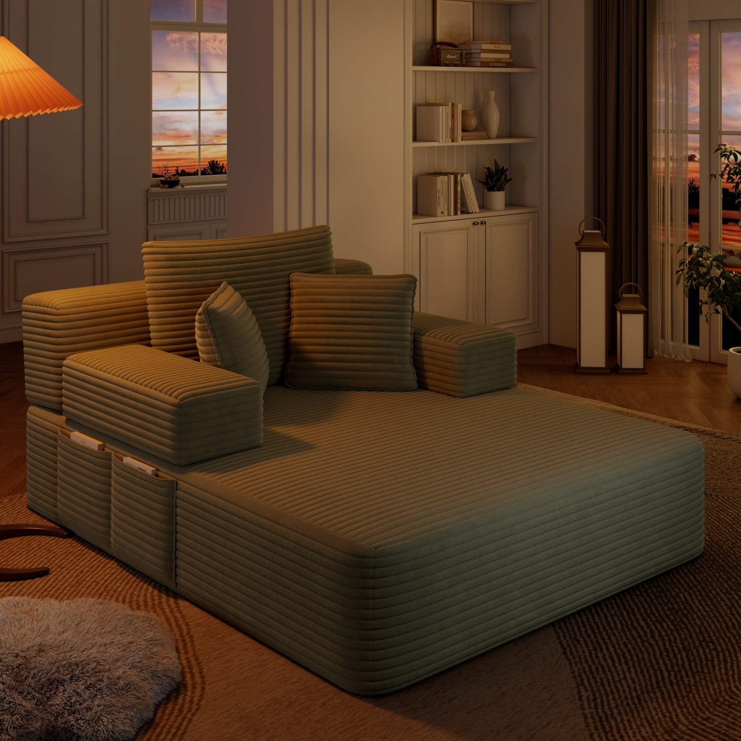 Modern Plush Corduroy Sofa Bed Chaise Lounge No Assembly Required for Apartment